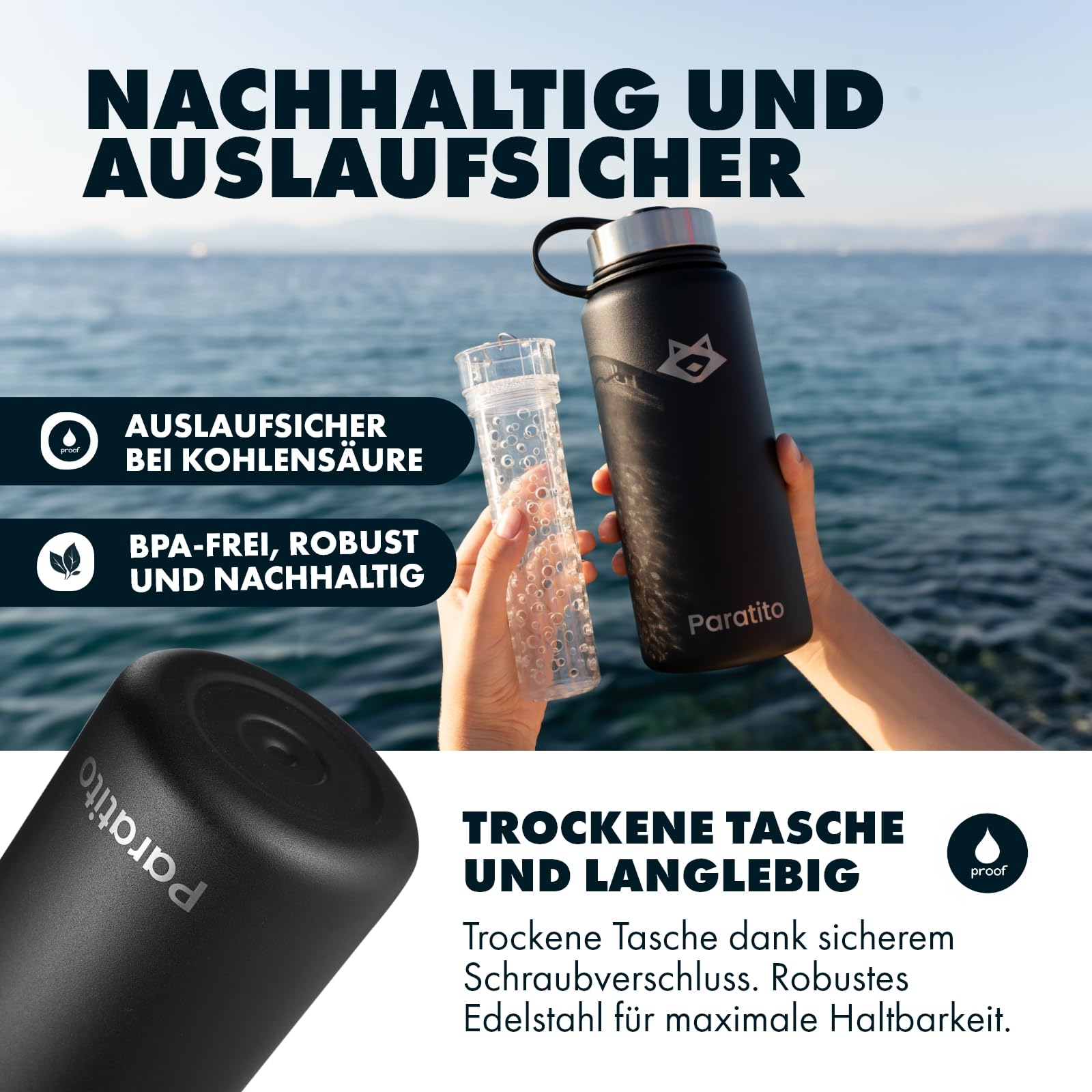 Trinkflasche isoliert mit Fruchteinsatz 1L, Isolierflasche Edelstahl, auslaufsicher, für Wasser mit Geschmack, Kohlensäure geeignet, spülmaschinenfest (Frucht Bundle Schwarz)