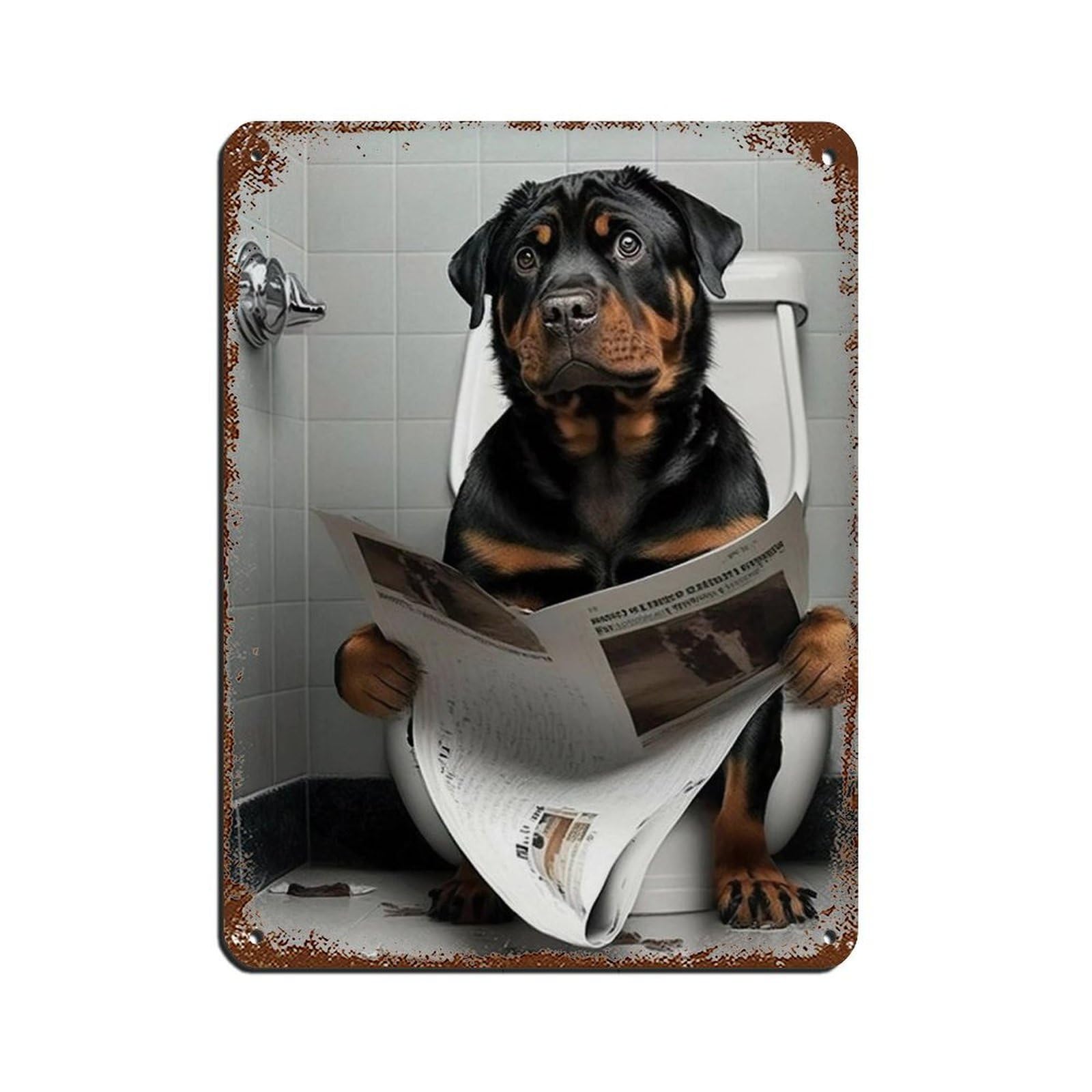 Rottweiler Sitting on The Toilet Reading A Newspaper Tin Sign Vintage Metal Pub Club Cafe Bar Home Wall Art Decoration Poster Retro 12x16inch(30x40cm)