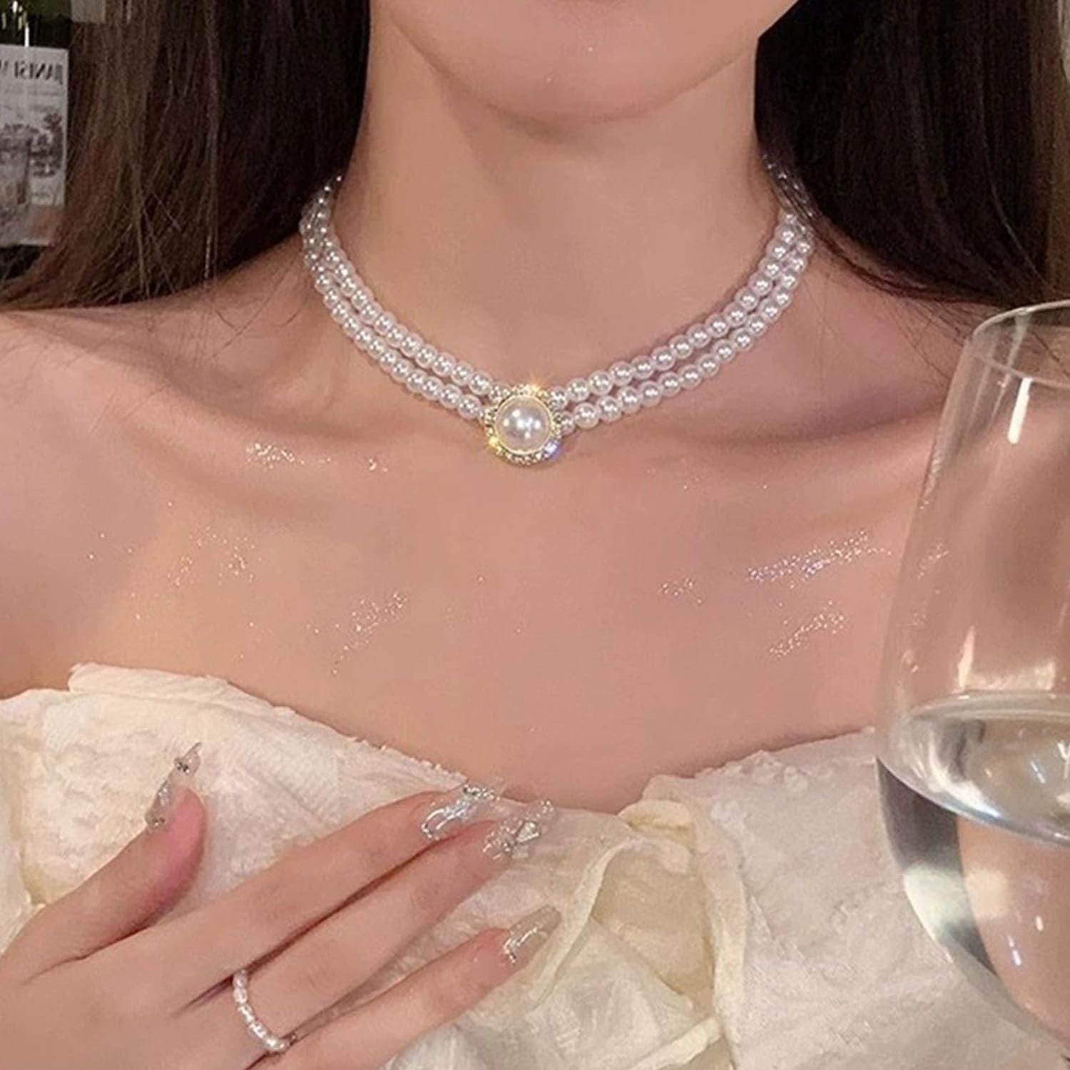 Wedding Suite Collar De Cuentas Choker, 2 Filas Choker Imitación Collar De Perlas, Rodio Chapado Elegante Encanto, Con 1 Par De Pendientes Perlas, para Fiesta Cumpleaños Aniversario Navidad Valentín