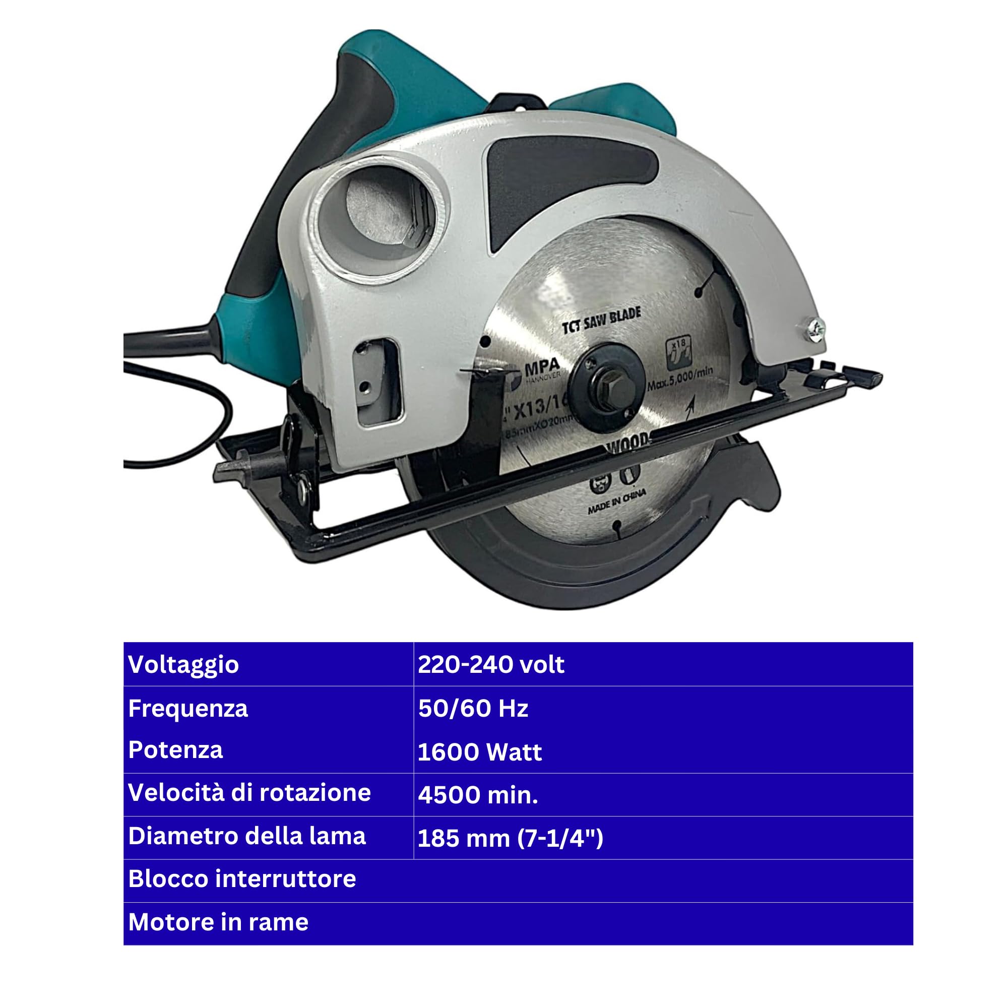 Sega Circolare a Immersione 185 mm 1600W, Profondità di Taglio 65 mm a 90° e 42 mm a 45°, 4500 giri/min, Inclinazione Regolabile 0-45°, Ideale per Legno, PVC e Metalli Morbidi