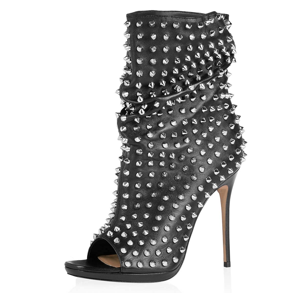 XYD Women Peep Toe High Heels Ankle Boots Rivet Studded Zip Up Pull On Dress Booties Shoes
