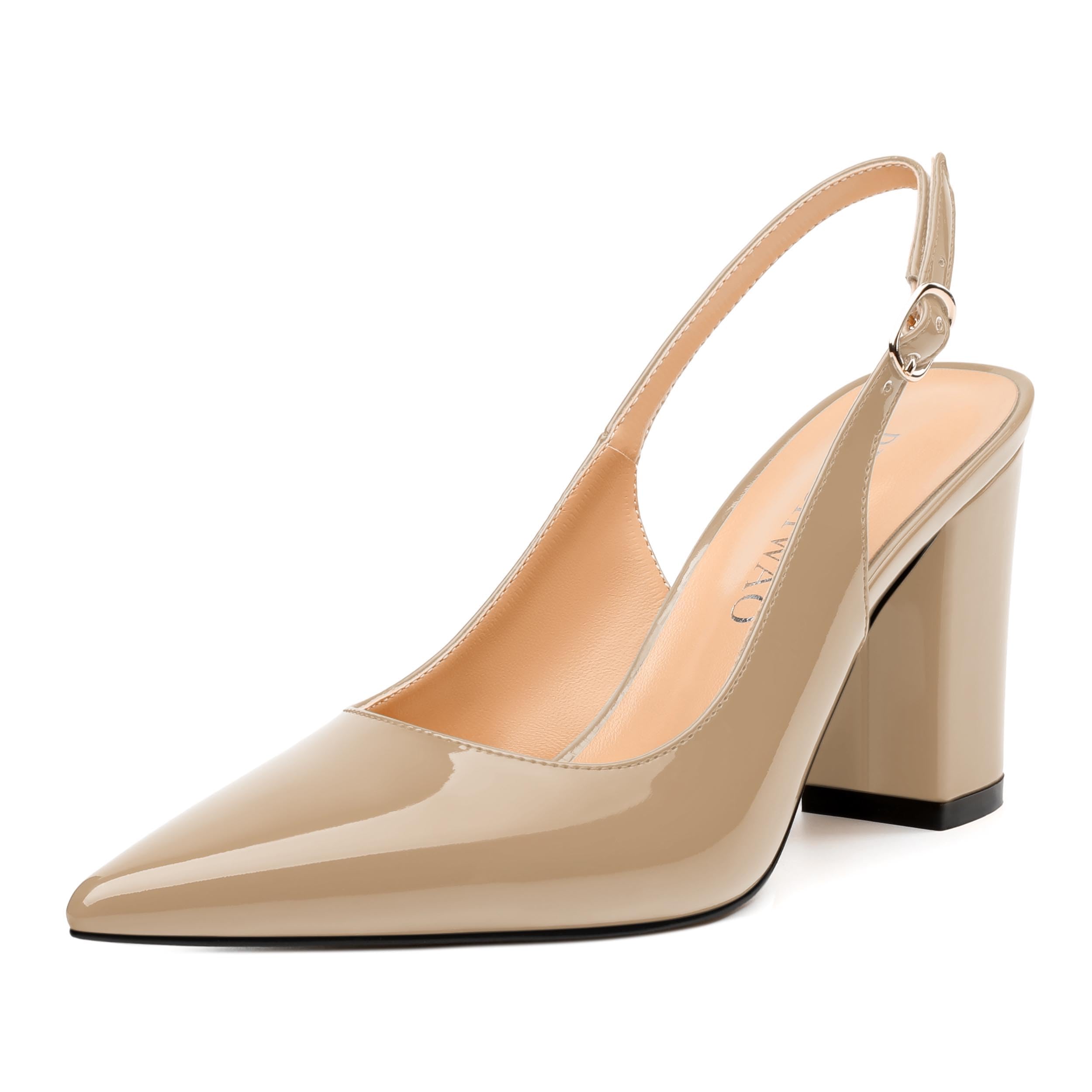 RLYGHWAO Women's Pumps, Pointed Toe High Heels, Slingback with Buckle, Fashion Solid Patent Pumps for Working Partying Wedding
