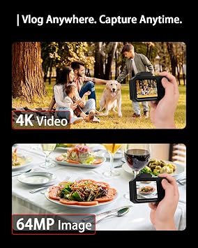 4K Digital Camera, FHD Vlogging Camera for YouTube with 64GB Card, 64MP Autofocus Anti-Shake/Date Stamp, Compact Travel Camra, Point and Shoot Digital Camera for Teens Beginners Kids