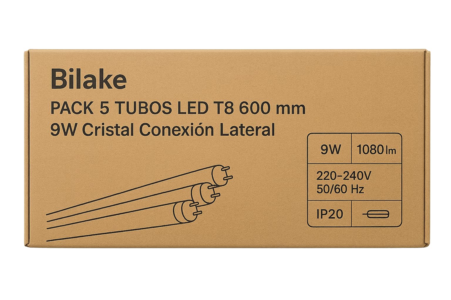 Bilake Pack 5 Tubos LED T8 600 mm 9W Cristal Conexión Lateral Eficiencia y Durabilidad