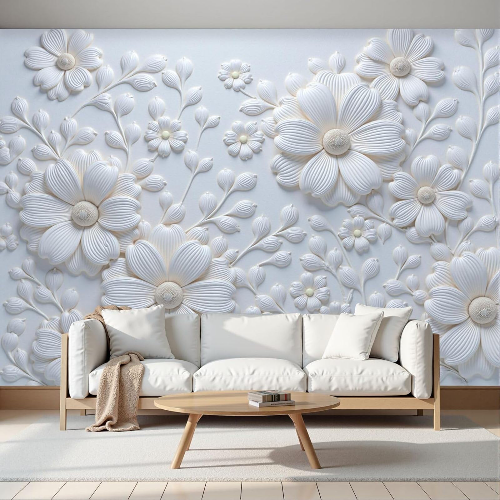 kfjhgbdshhj Photo Wallpaper Flowers Branches and Leaves - Relief Decoration Picture Modern White Non-Woven Wallpaper for Living Room Bedroom,250cmx175cm Stickers - Frameless Painting - Poster