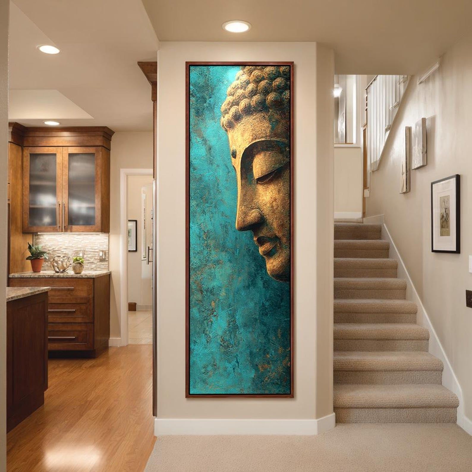 XINBAO Druk na płótnie ciemny Budda, pionowa dekoracja Zen, duchowy portret Buddy, płótno malarskie, Budda Wall Art Canvas (20x60cm/rama wewnętrzna)