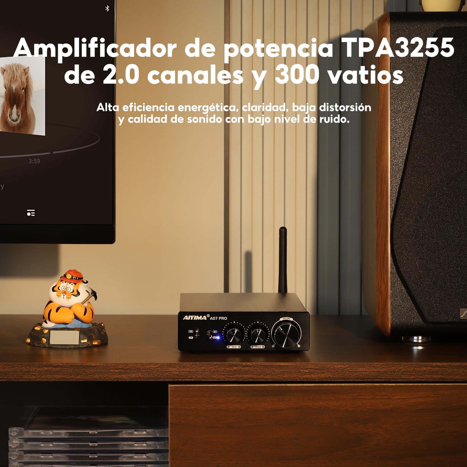 AIYIMA A07PRO TPA3255 Mini amplificador de potencia 2.0/2.1CH Amplificador de audio 300Wx2 Clase D Hi-Fi Estéreo Amplificador integrado Bluetooth 5.2 Amp de escritorio con agudos y graves