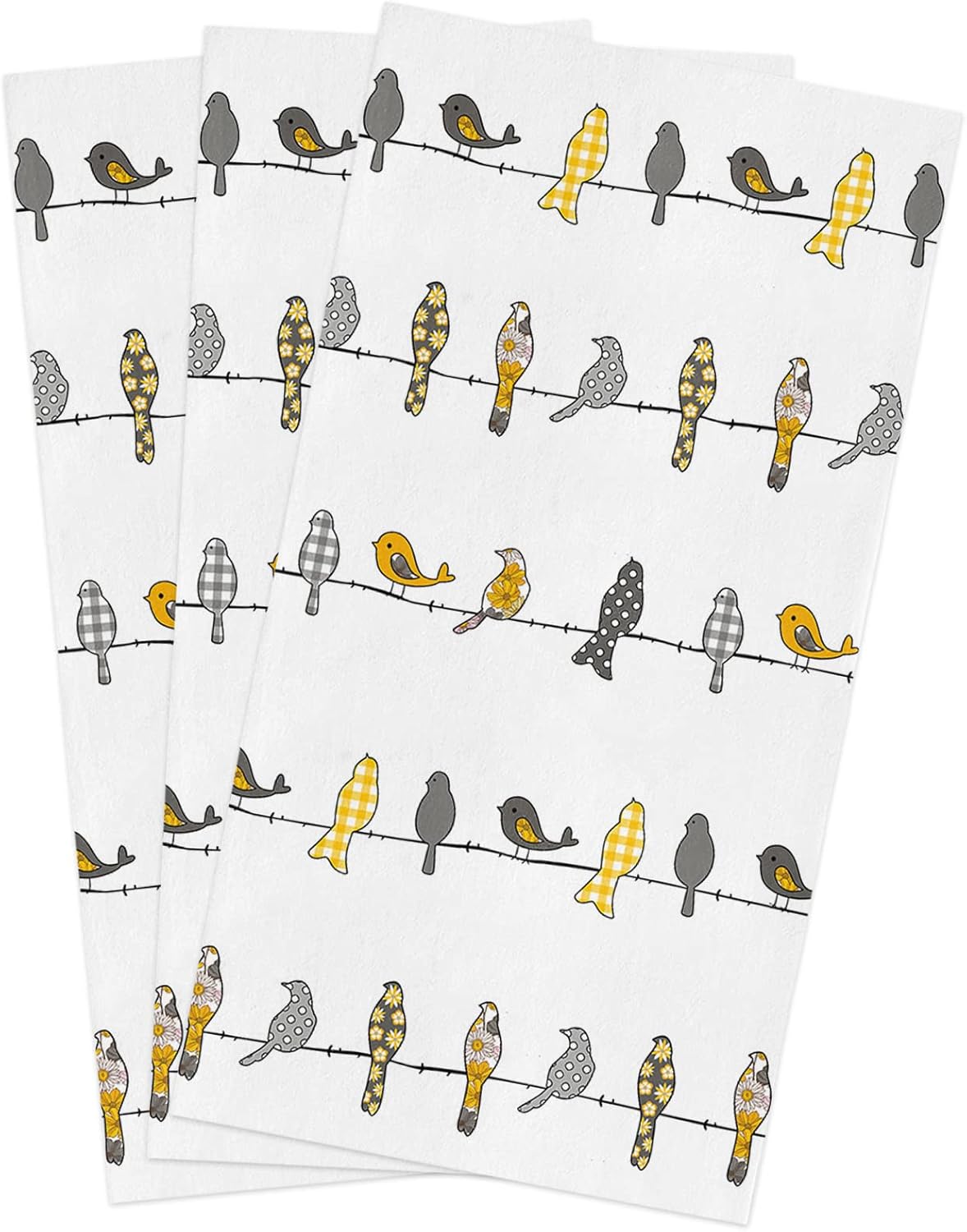Abstract Rowley Birds Daisy Kitchen Dish Towels Set of 3 , Soft Lightweight Microfiber Absorbent Decorative Hand Towel Yellow Grey Buffalo Plain Tea Towel Guest Towel for Kitchen Bathroom 18x28in