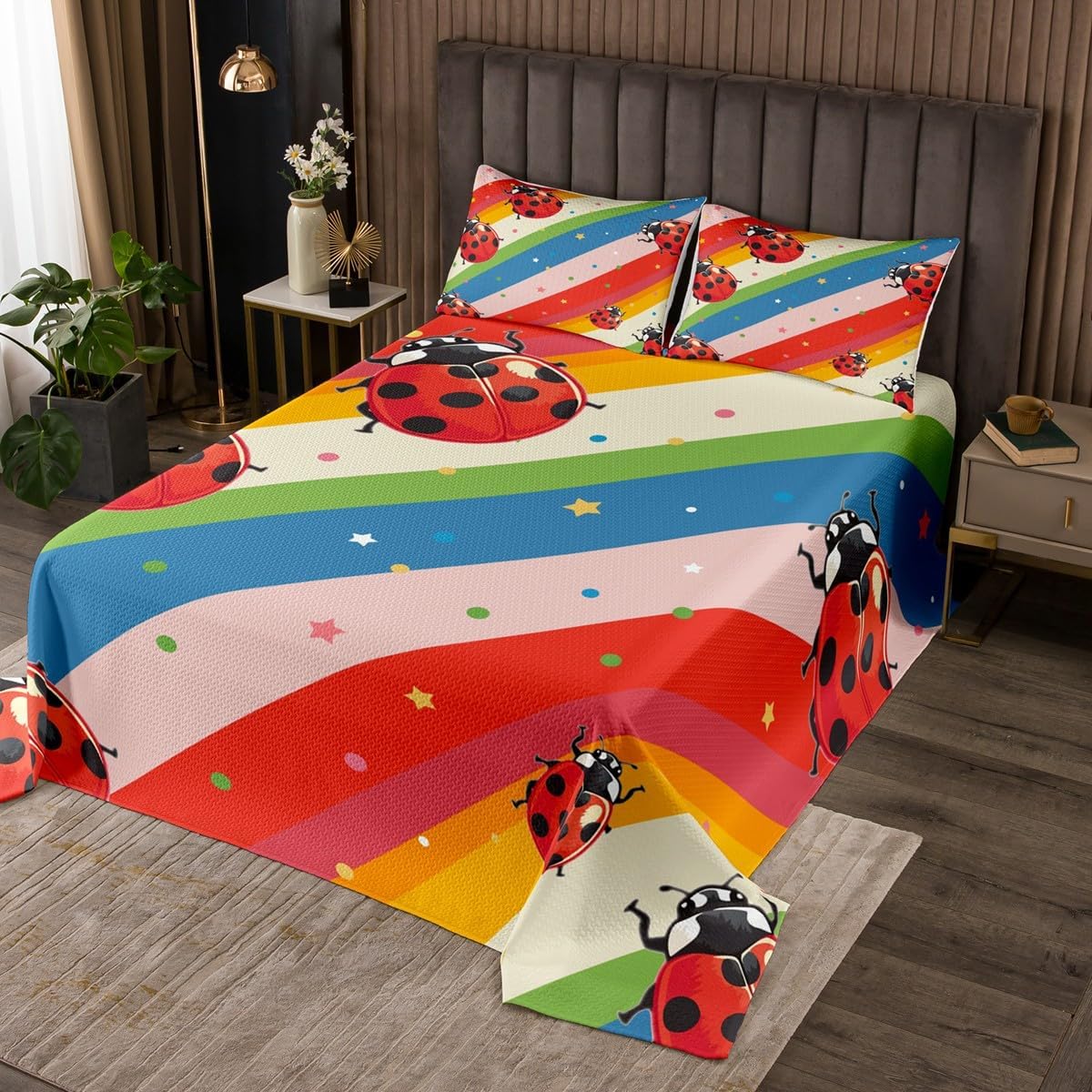 Homewish Ladybug Bedspread King Size,Green Leaves Red Flower Quilt for Kids Boys Girls Room Decor,Ladybird White Microfiber Bedding Set 3Pcs,Nature Animal Botanical Coverlet Set,2 Pillowcases