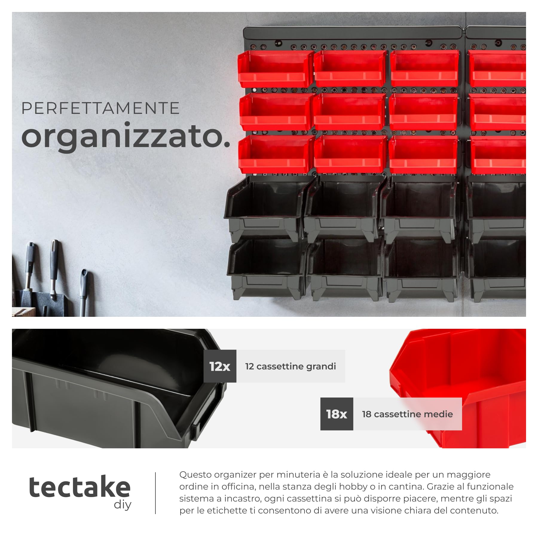 tectake® Portaminuteria, Scaffale da Parete, 30 Cassetti Impilabili, 12 Grandi e 18 Medi, Meccanismo di Apertura Comodo, 64x38x17,5 cm, Cassettiera Officina - Scaffale Singolo