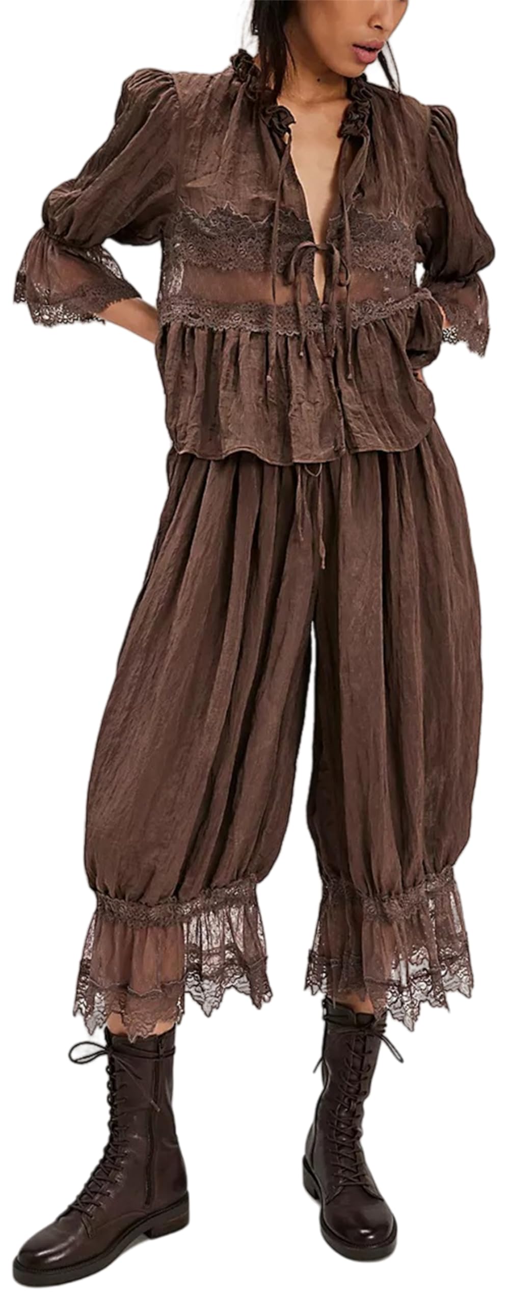 Thopavenoir Women Lace Trim 2 Piece Pajamas Sets Y2k Bow Tie Short Sleeve Shirts + Ruffle Flared Lantern Pants Loungewear