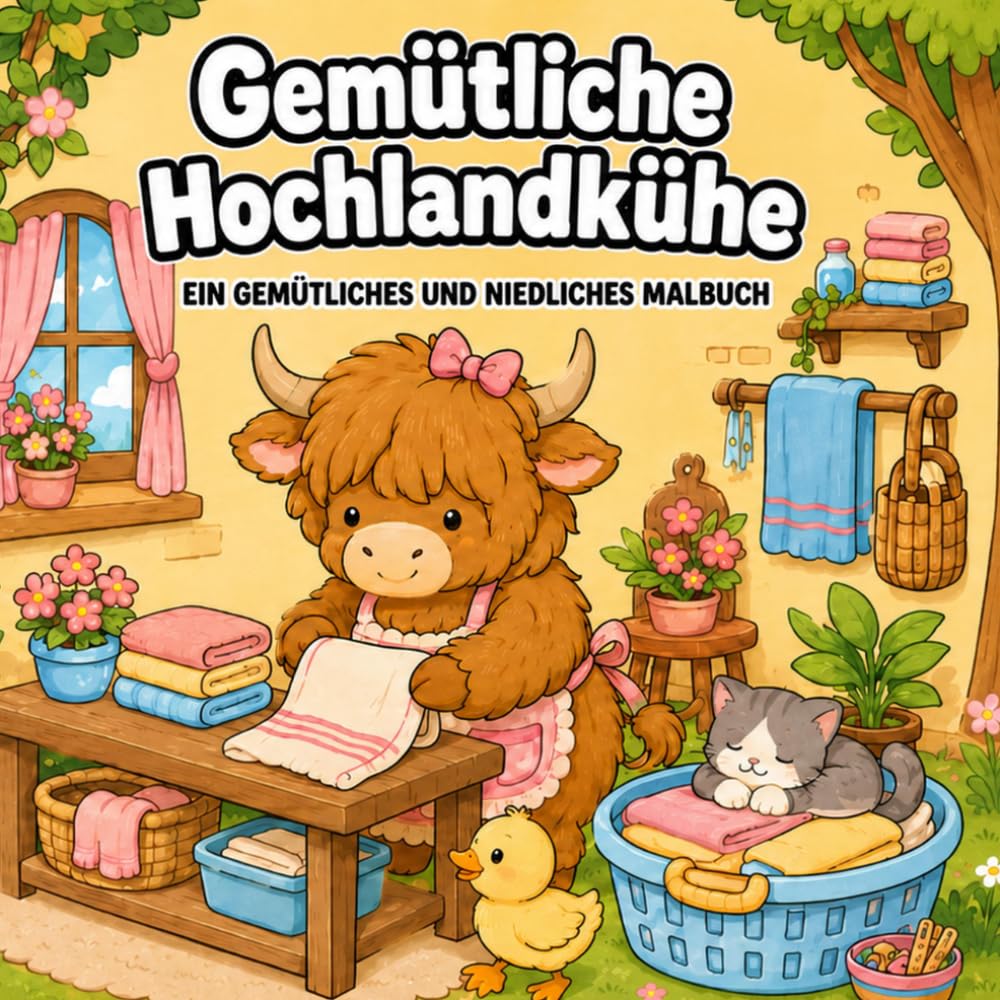 Gemütliche Hochlandkühe: Süße Alltagsszenen mit schottischen Hochlandrindern, einfachen Motiven und dicken Linien für Erwachsene und Jugendliche