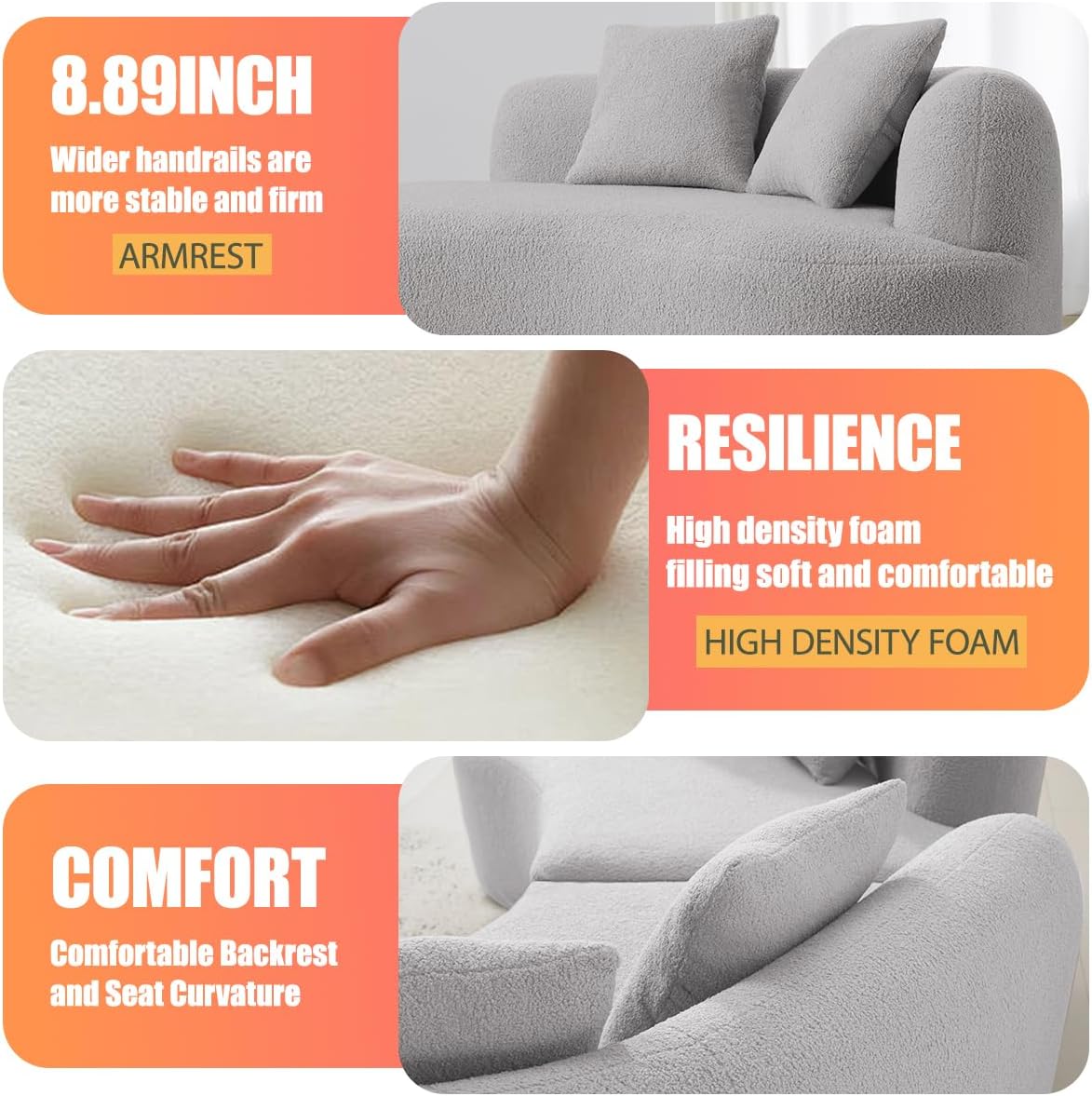 106.7 "Curved Sofa, Oversized Wide seat deep Living Room loveseat, Modern Boneless Couch, Luxurious Teddy Cloth Couch, for Small and Medium-Sized Family Cloud Sofa, no Assembly Required (Grey)