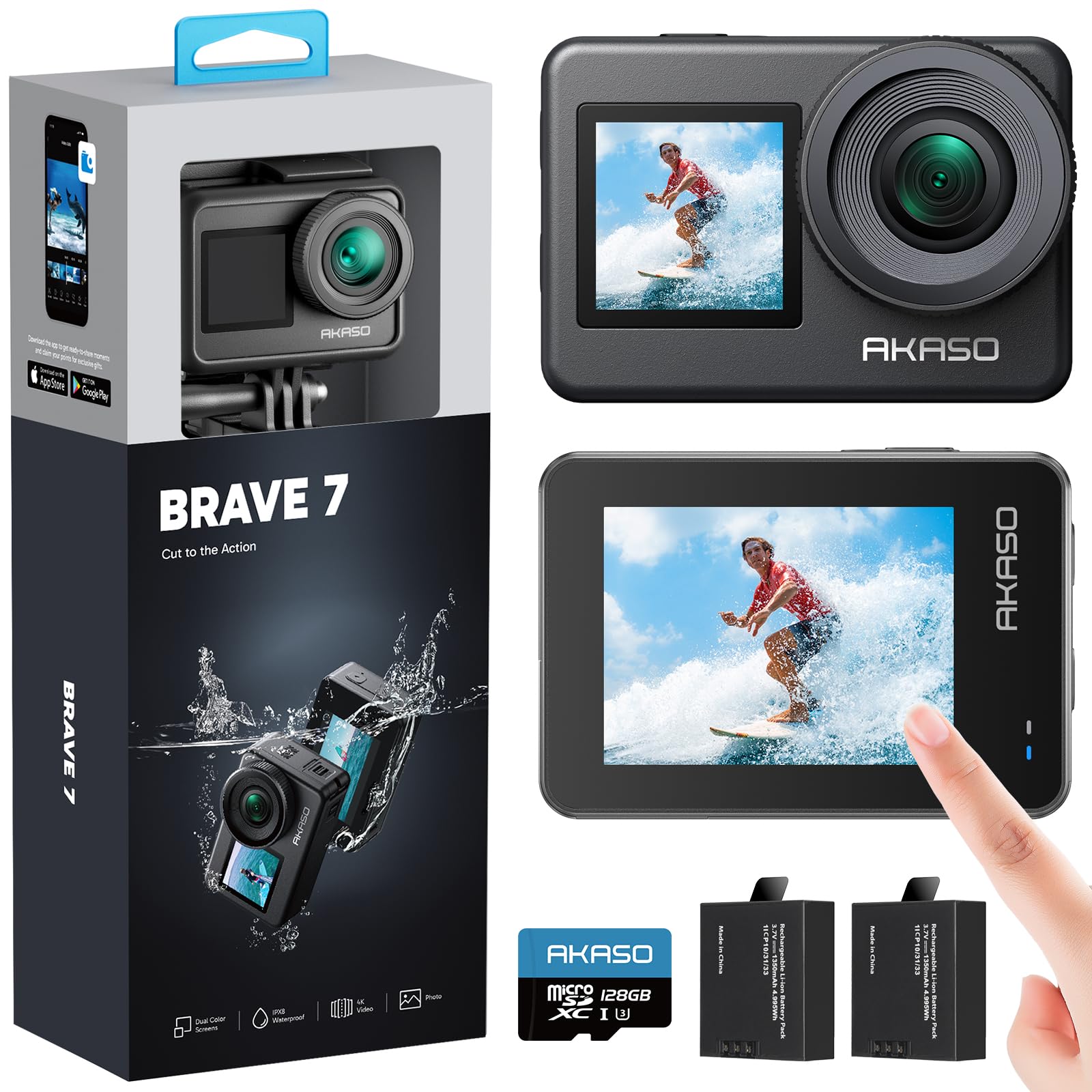 AKASO Brave 7 Action Camera 4K30FPS 20MP with 128GB U3 MicroSDXC Memory Card, Waterproof Camera with Touch Screen IPX8 33FT EIS 2.0 Zoom Support