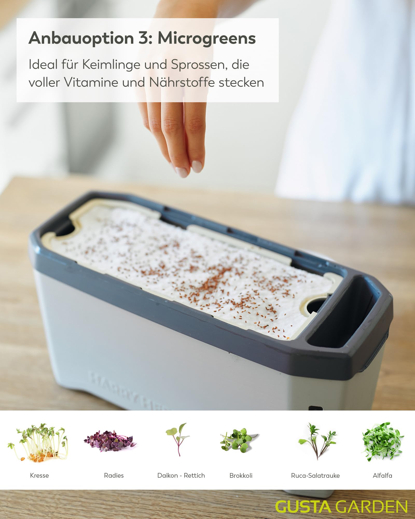 Harry Herbs - 4 in 1 Kräutertopf - Anzucht - Microgreens - Hydroponik - integriertes Wasserreservoir mit Bewässerungssystem - inklusive Wasserstandsanzeige - indoor & outdoor (hellgrau, mit Haube)
