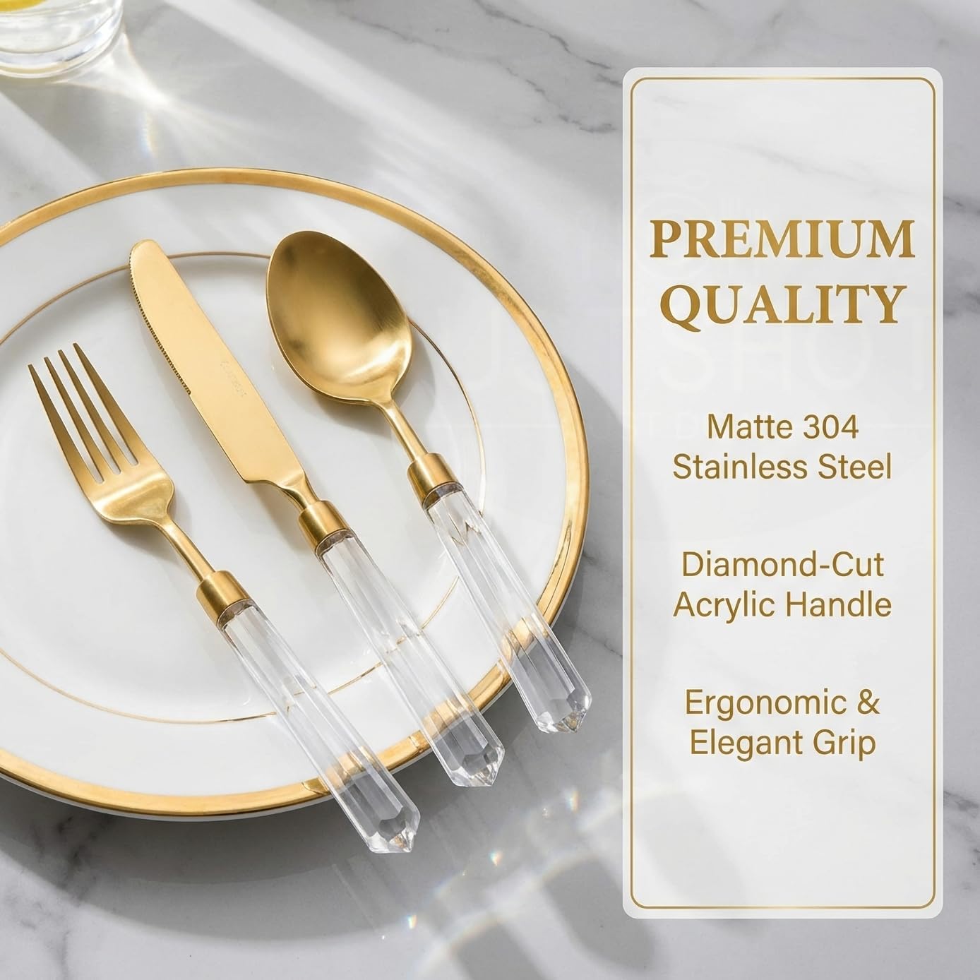 JUSTSHOT 60 Piece Gold Flatware Cutlery Set with Clear Acrylic Handle,304 Stainless Steel Matte Gold Silverware Set for 12,Creative Diamond Handle Cutlery Flatware Set,Dishwasher Safe