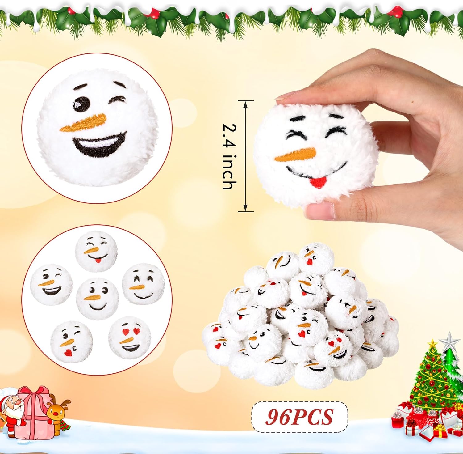 Hiboom 96 Pcs Christmas Snowball for Indoor Outdoor Fight, Soft Fake Snowballs Fun Snowmen Balls Cute Stuffed Snowman Balls with Smile Face for Home and Office Decoration (Classic Style)