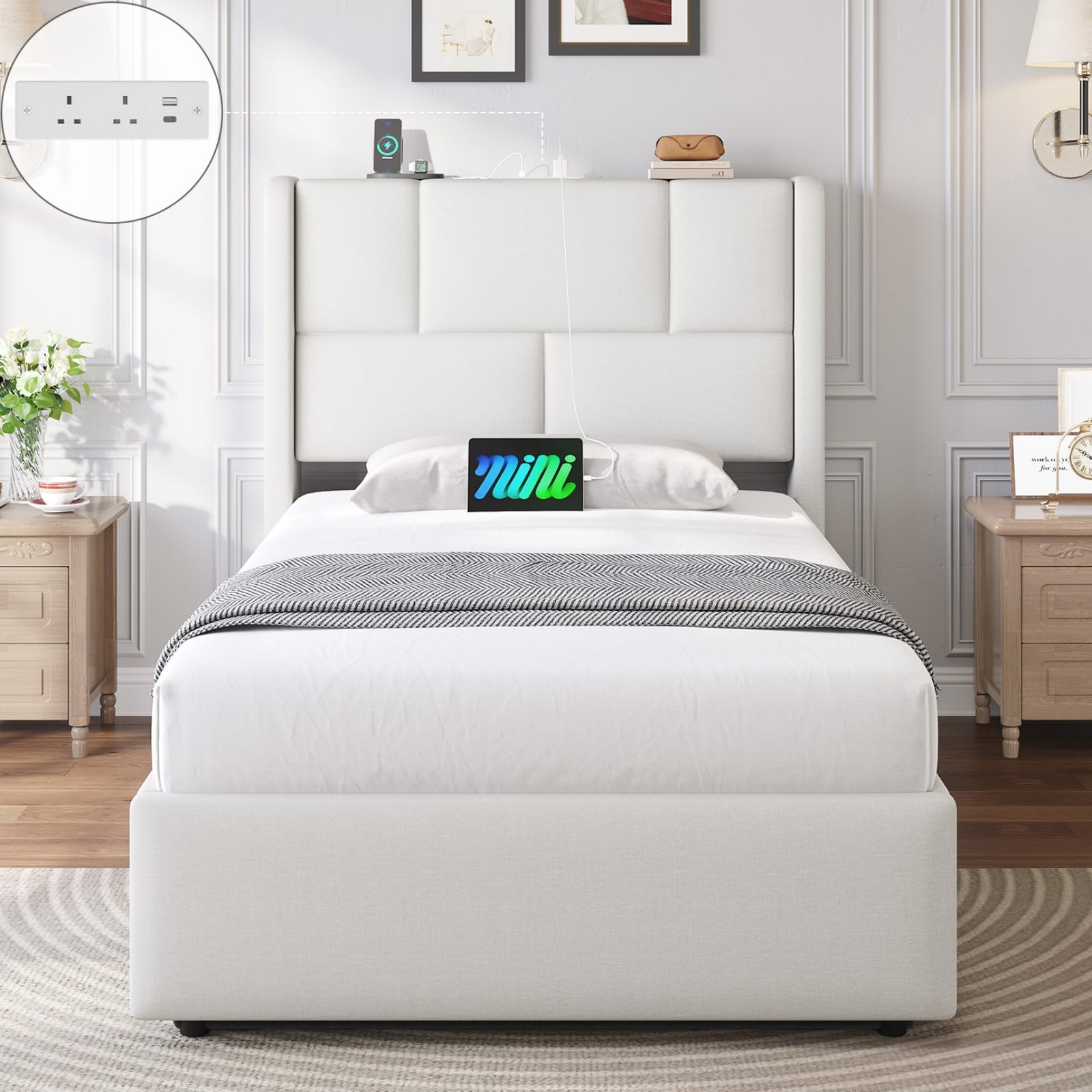 Brinlawb 3ft Ottoman Single Bed Frame with Hydraulic Lift-Up Storage, Upholstered Bed Frame Single with Height-Adjustable Headboard & Charging Station, Ample Under-Bed Storage Space, 90x190 cm, White