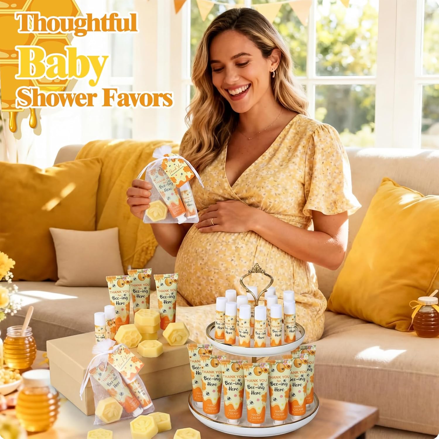 Loopeer 30 Set/150 Pcs Bee Theme Baby Shower Favors for Guests Gifts Hand Cream Lip Balm Soap Party Favors Travel Size with Bags, Thanks You Card for Games Prizes Souvenirs