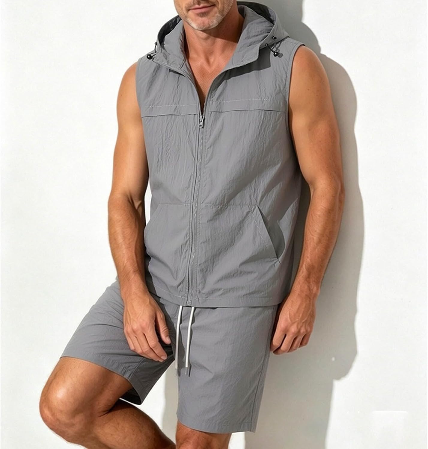 Men's Lightweight Breathable Sportswear 2 Piece Sets with Pocket | Two Piece Tracksuits for Men, Sleeveless Full Zip Hoodies and Sweat Shorts Set Loose Jogging Sweatsuits