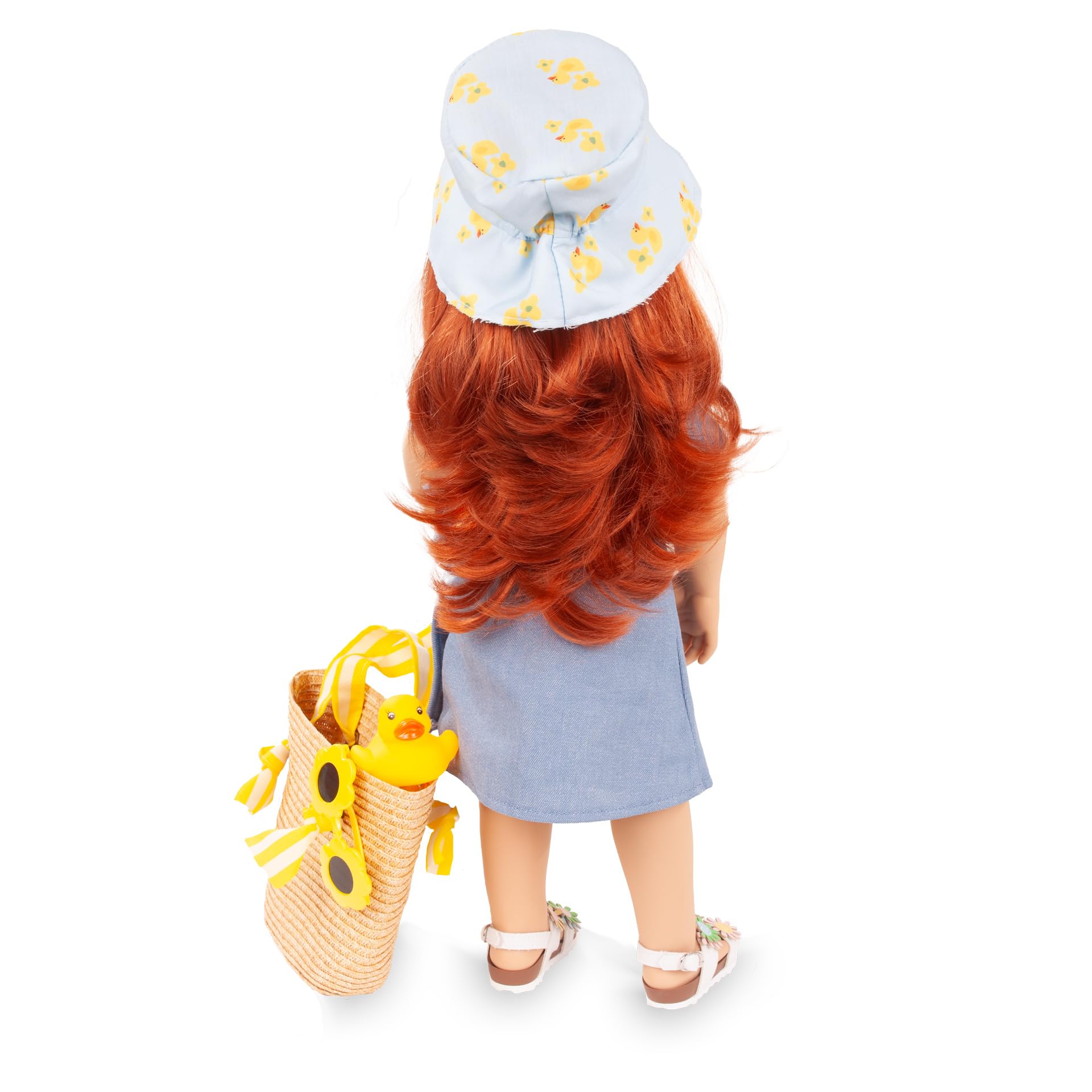 Götz 2659016 Hannah Little Duck Puppe 50 cm Stehpuppe 9-TLG | für Kinder ab 3 Jahren, rote Haare, braune Augen, blaues Wickelkleid, Sonnenbrille, Basttasche, frisierbar, Vinylhartkörper