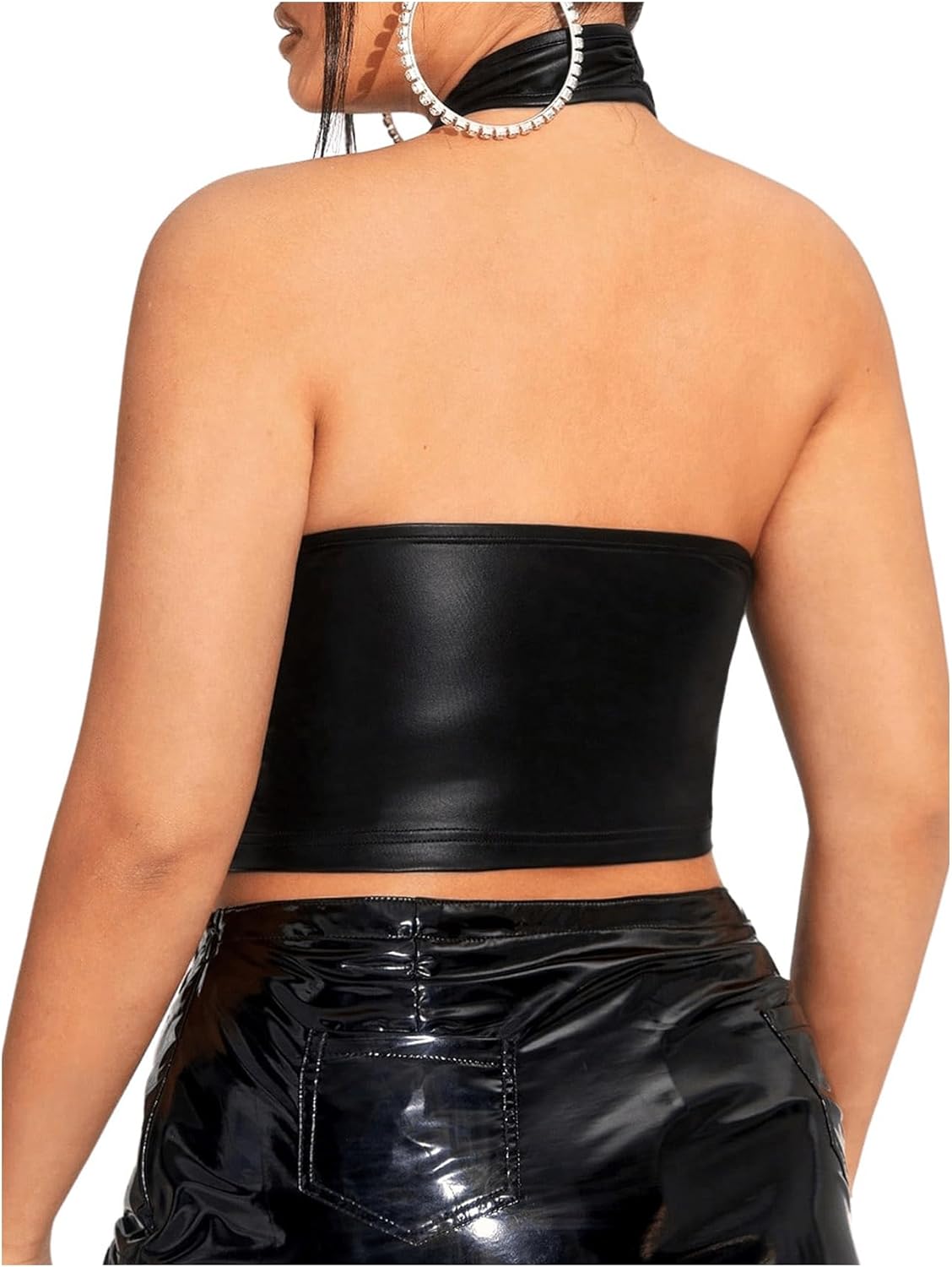 OYOANGLE Women's Plus Size Leather Criss Cross Crop Halter Top Cut Out Backless Tank Tops Clubwear - Image 2