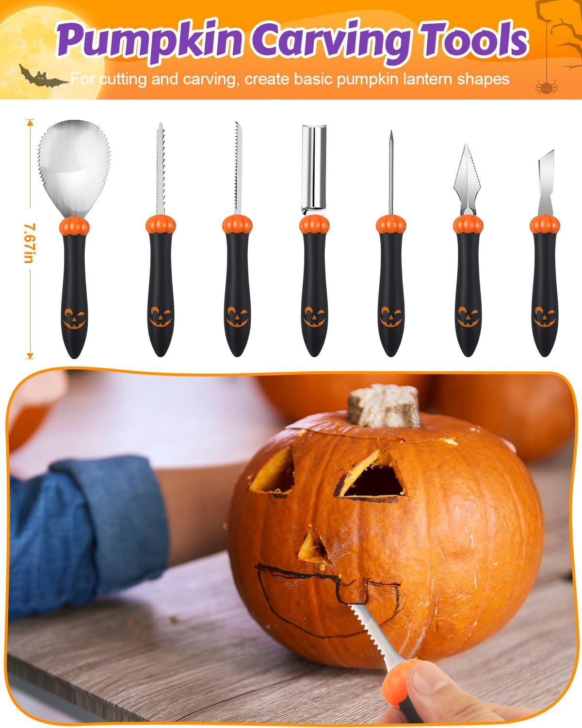 Luditek 4-Pack Halloween LED Pumpkin Lights for Inside Pumpkin w/Remote Timer, Battery Operated Flameless Candles Light with 7 PCS Carving Kit Tools and 10 Stencils, Orange Jack-O-Lantern Decorations