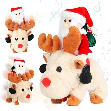Gfilay Singing Dancing Walking Reindeer Plush and Santa Claus, Rudolph the Red Nose Reindeer Plush Toy