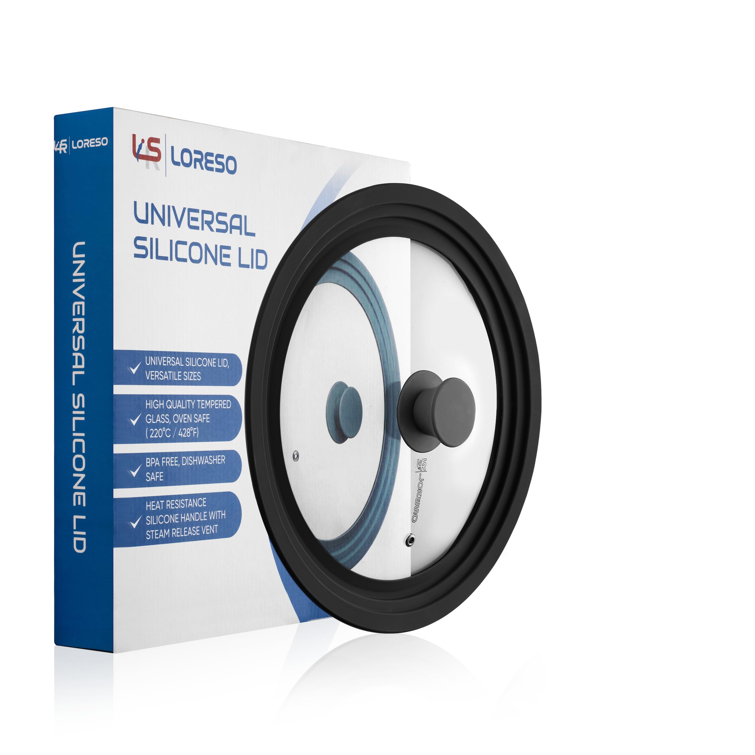 Loreso - Tapa de vidrio de silicona negra – Tapa universal de vidrio de silicona para ollas, sartenes y sartenes de 10, 10.5, 11 y 11.5 pulgadas, tapa de vidrio templado con rejillas de ventilación de