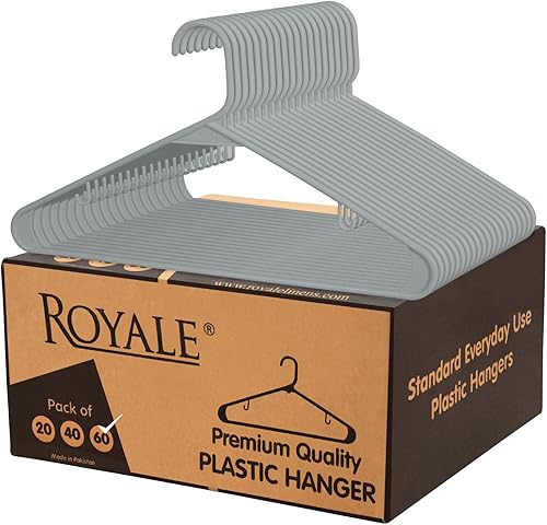 ROYALE Perchas de plástico paquete de 60 Perchas de ropa gris con ganchos Perchas resistentes que ahorran espacio, ideales para el uso diario para