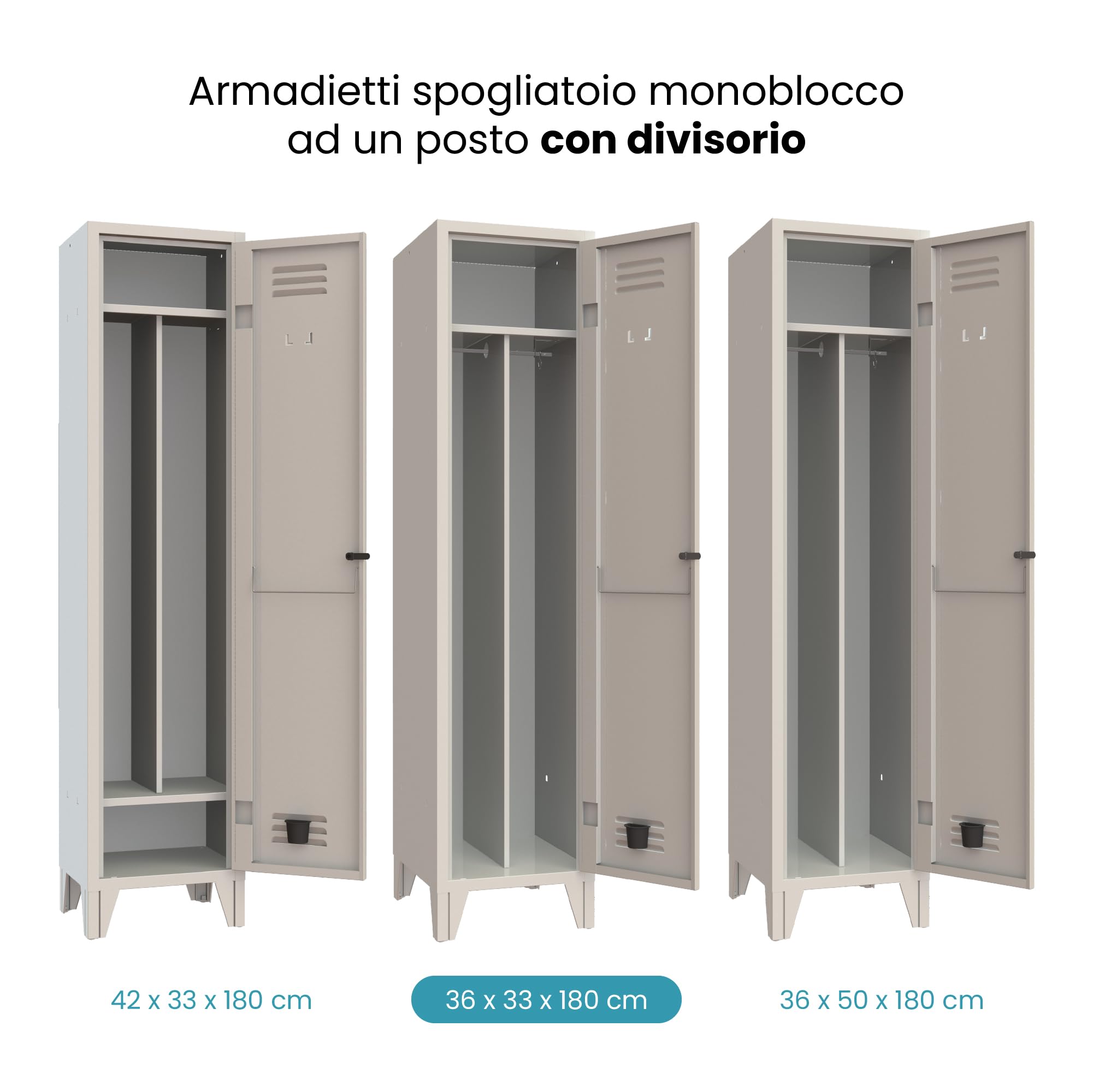 XLOCKERS Armadio Spogliatoio Monoblocco 1 Posto in Metallo Robusto, con Divisorio Sporco e Pulito - 36x33x180cm - Made in Italy