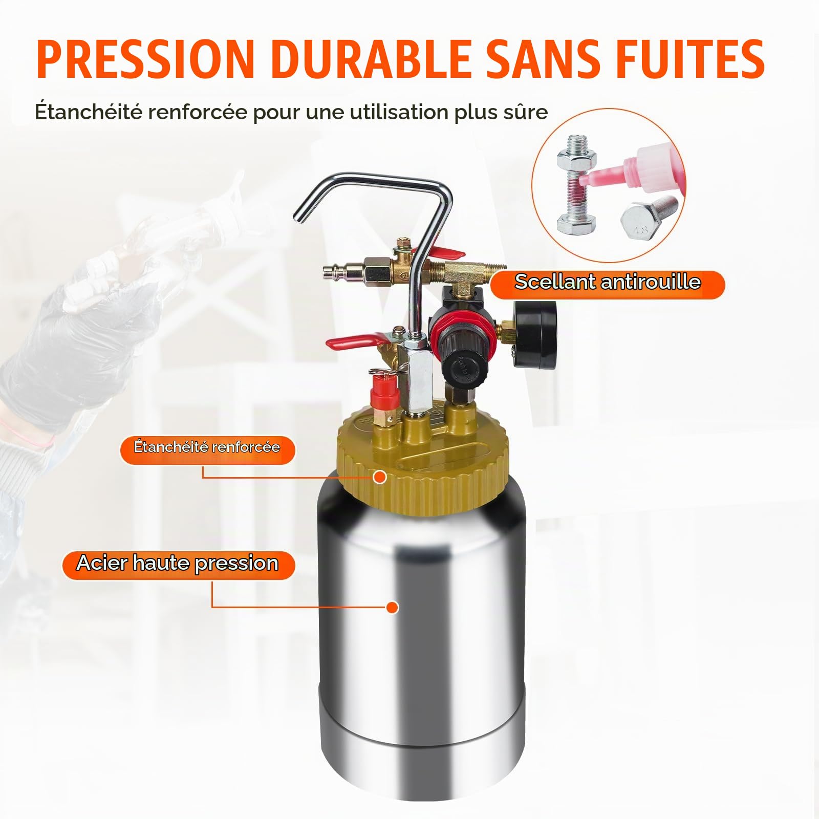 VEVOR Pistolet à Peinture avec Réservoir Portable 2 L Pot de Pression de Peinture Entrée d’Air 6,4 mm Sortie 9,5 mm Pulvérisateur de Peinture Buse 1,8 mm Pression Max 45 PSI pour Décoration Intérieure