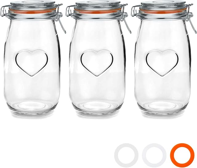Nicola Spring Heart Glass Storage Jars with Airtight Clip Lid - 1.5L Set - Orange Seal - Pack of 3