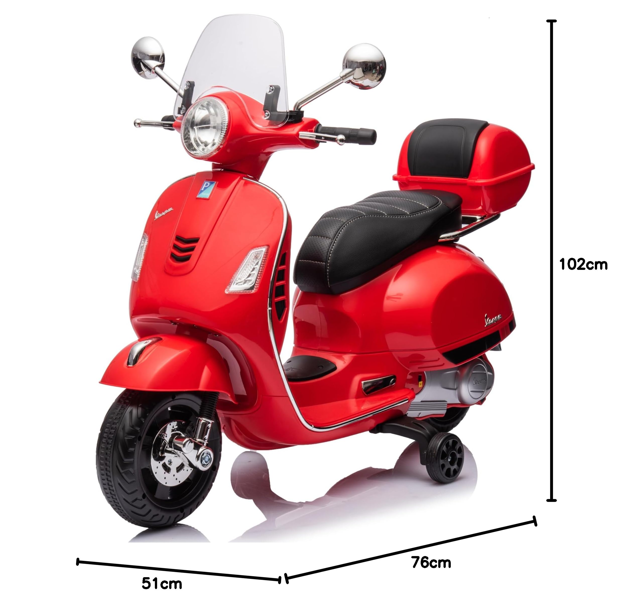 Mondial Toys Moto Elettrica per Bambini 12V con Licenza Ufficiale Vespa Piaggio – Modello GTS Super, Luci LED, MP3, Sedile in Pelle, Bauletto – Rosso