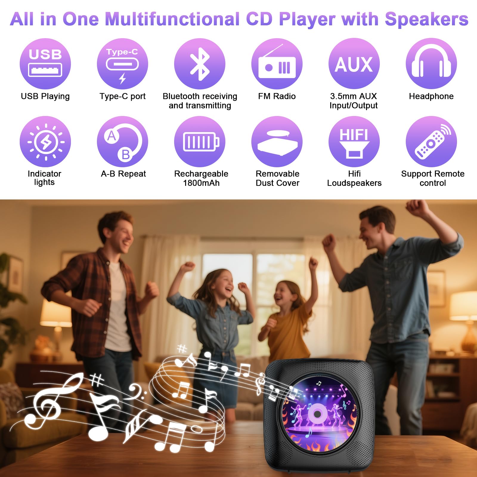 Gueray Lettore CD portatile Hifi Bluetooth con altoparlanti batteria ricaricabile 1800 mAh telecomando radio FM USB AUX Nero