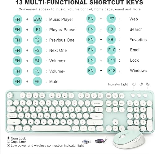 Vista 81 de Combo de teclado y mouse inalámbricos, colorido teclado ergonómico de tamaño completo con diseño retro, silencioso, con teclas bonitas, compatible