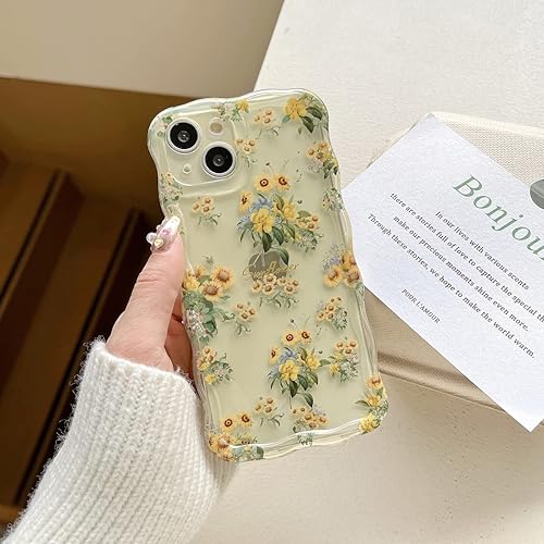 Miniatura 4 de Funda para iPhone 14 Pro, diseño de borde ondulado transparente IMD con bonitas flores de patán, duradera, moderna, retro, de silicona, funda