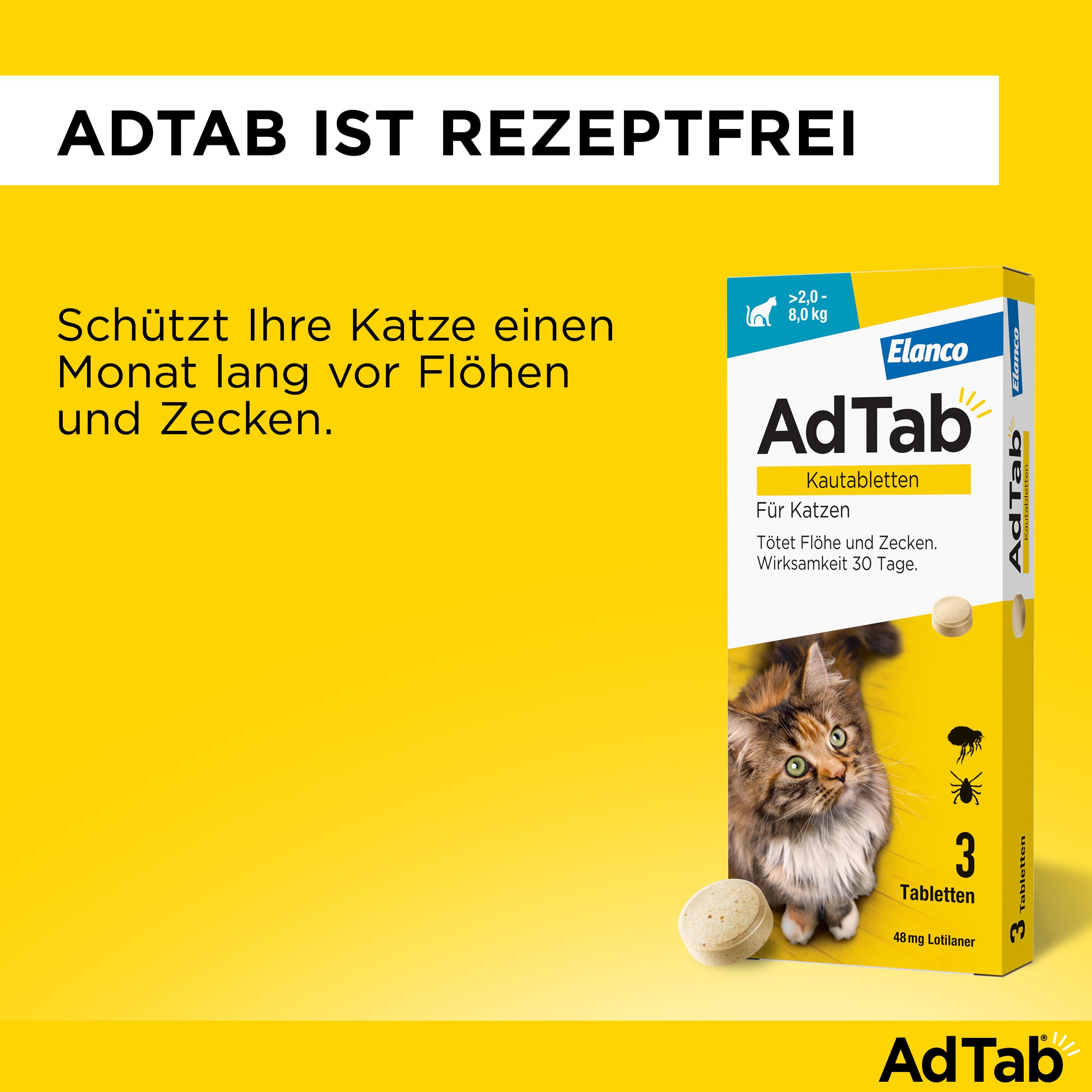 AdTab Katze 2-8 kg - Kautablette gegen Flöhe & Zecken, Doppelpack (6 St.) | Kleine, leckere Kautablette mit Vanille-Hefe-Aroma, 6 Monate Zeckenschutz und Flohschutz für deine Katze, schnelle Wirkung