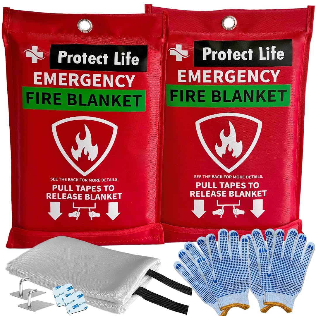- Protect Life Saving Emergency Fire Blankets 2 Pack - 40"x40", Fiberglass Fire Blanket for Home & Kitchen - Fire Suppression or Retardant Tarp - Fire Safety Kit for Car or Camping