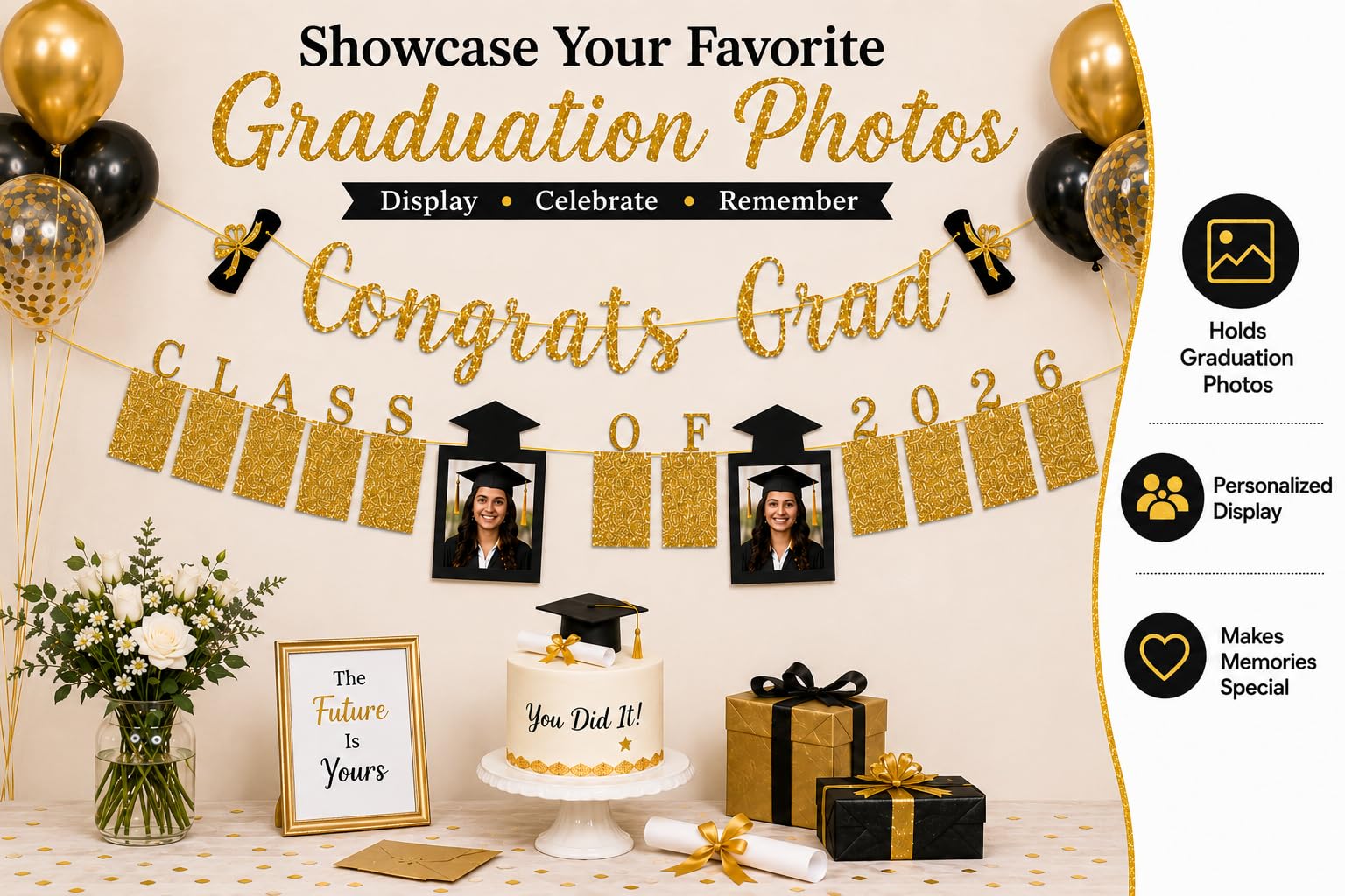 Festiko 2020 Graduation Decorations - Class of 2020 Photo Banner with Congrats Grad Gold Glitter Banner - High School College Graduation Party Supplies Banner 3