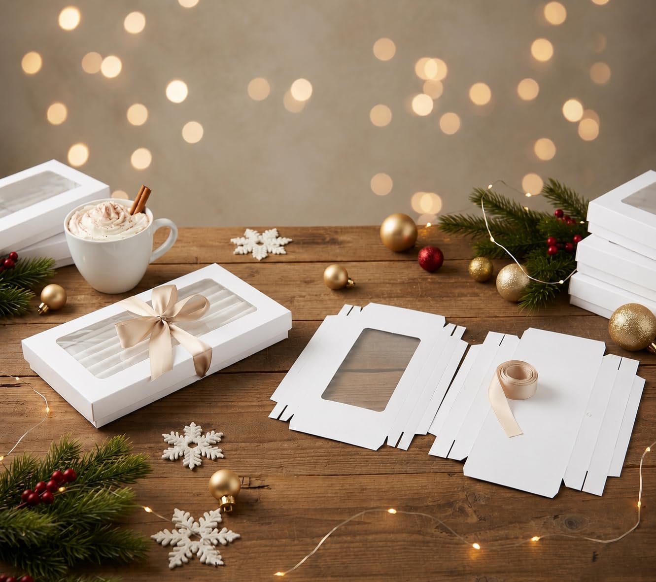 Emartbuy 36 Stück weiße Geschenkboxen Klarsichtfenster klein schmal 21x12,5x2,5cm | Mit goldfarbenem Satinband, recycelbare Kraft-Geschenkbox für Geschenkkörbe, Leckereien, Hochzeiten und Gastgeschenke