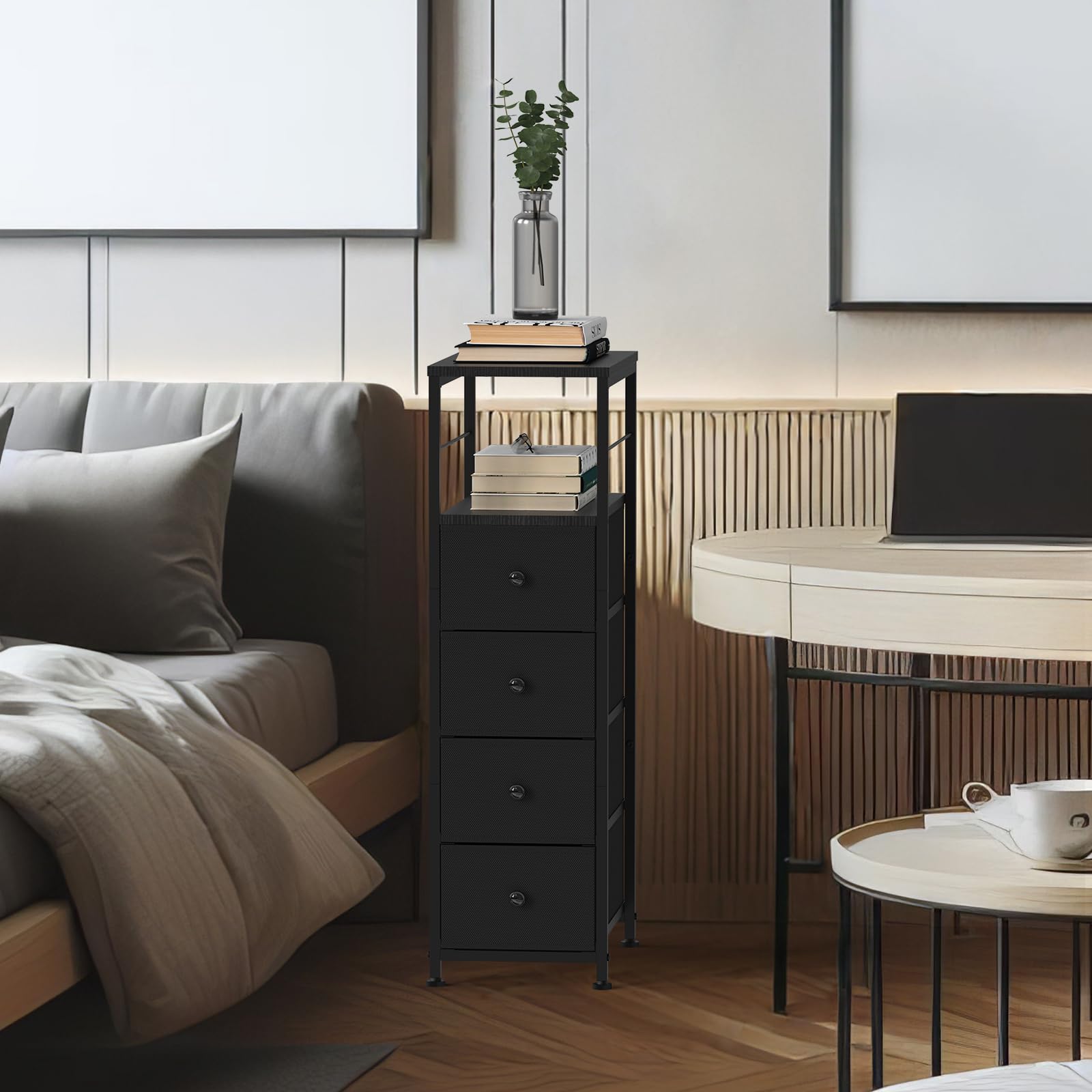 Komoda wąska szafka z 4 szufladami z materiału, szafa z szufladami, wieża do przechowywania, organizer do sypialni, salonu, kuchni, biura, korytarza, 87 x 40 x 25,4 cm, czarna