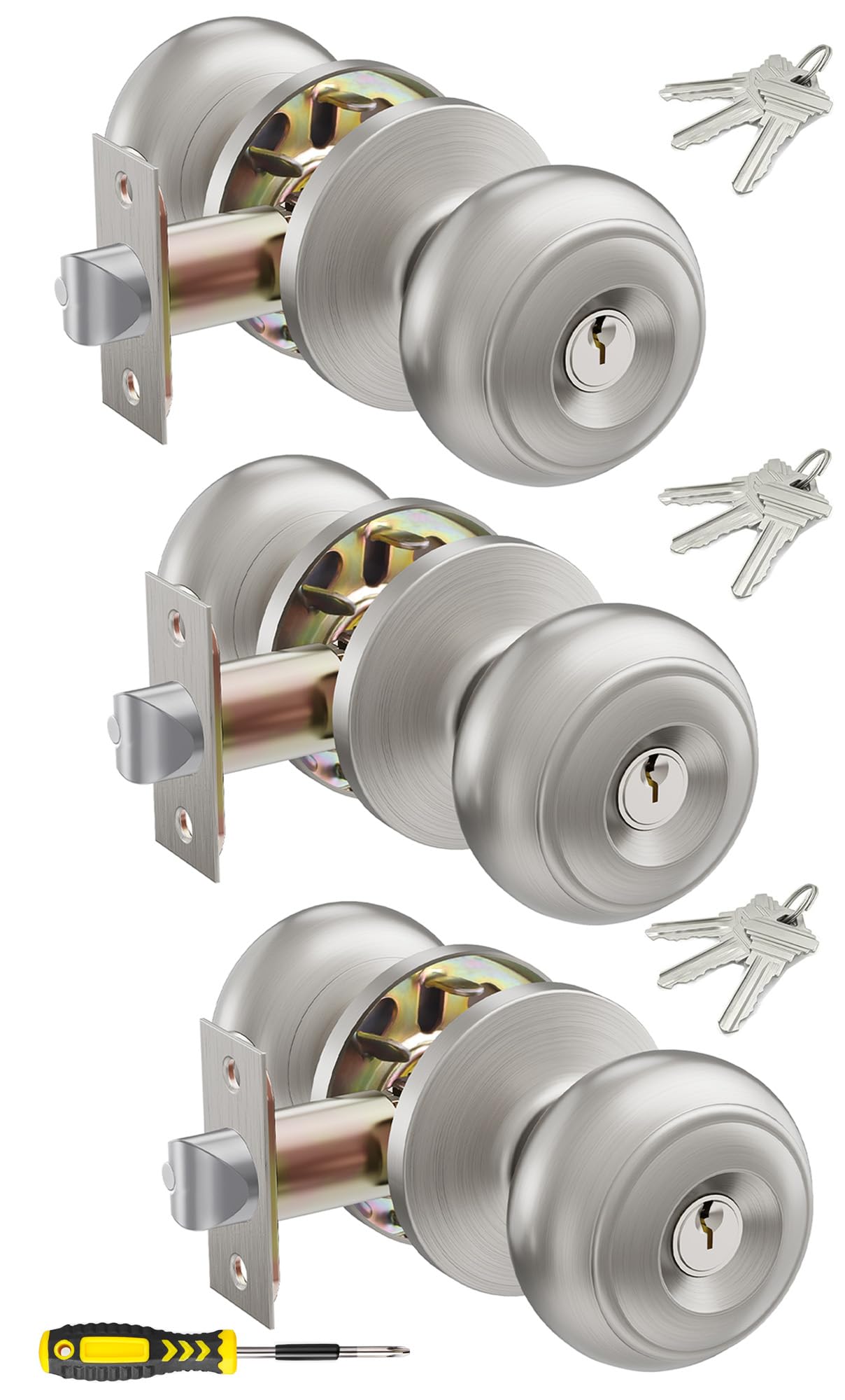 Lanwandeng Paquete de 3 pomos de puerta de entrada con cerradura y llaves, todos por igual, manijas de cerradura de puerta exterior/interior para dormitorio o baño, pomos de puerta de acero inoxidable