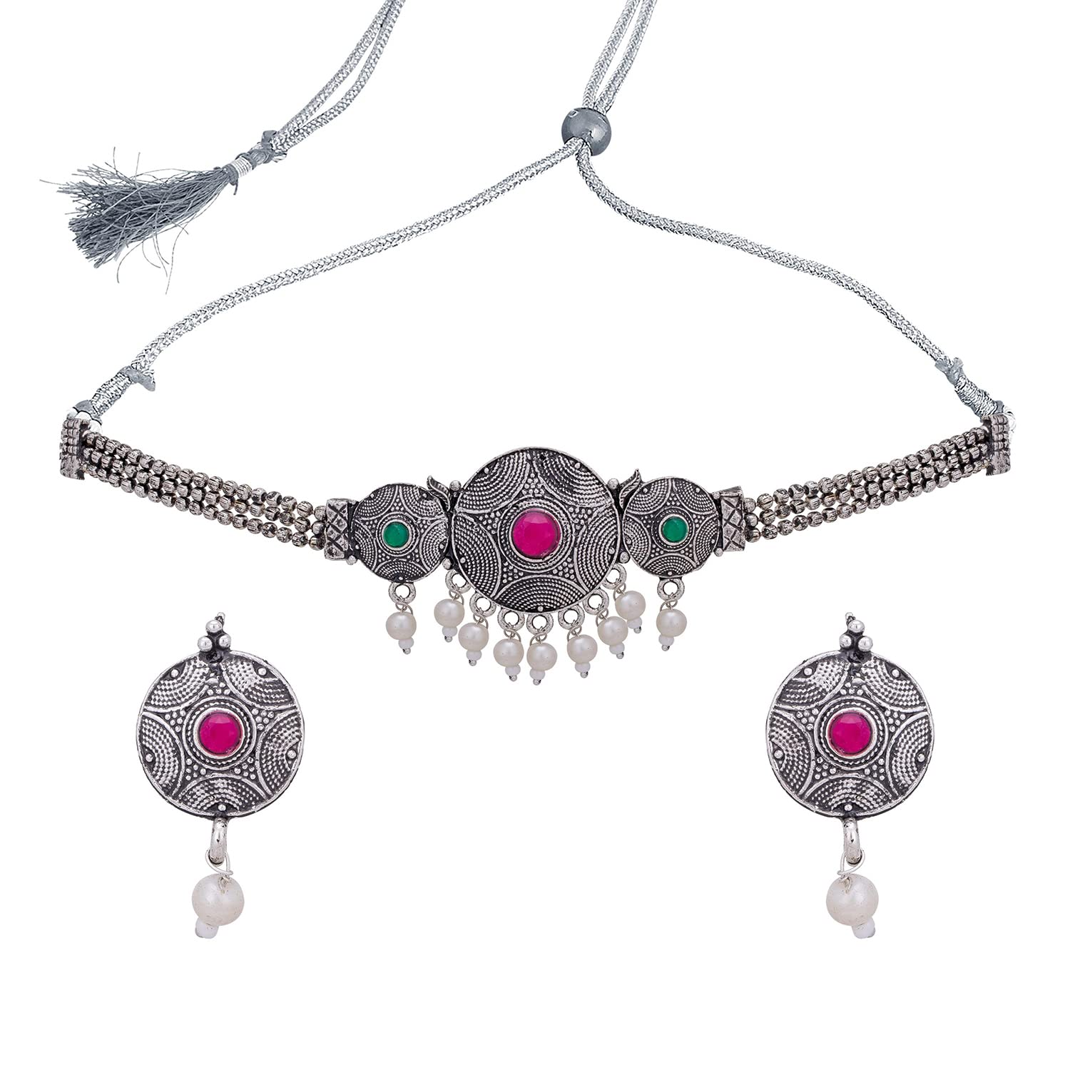 Sukkhi Mesmerizing Oxidised Colour Stone Choker Necklace Set For Women (Ns102111) (Silver) (B0B4WZPPRM) Amazon Price History, Amazon Price Tracker