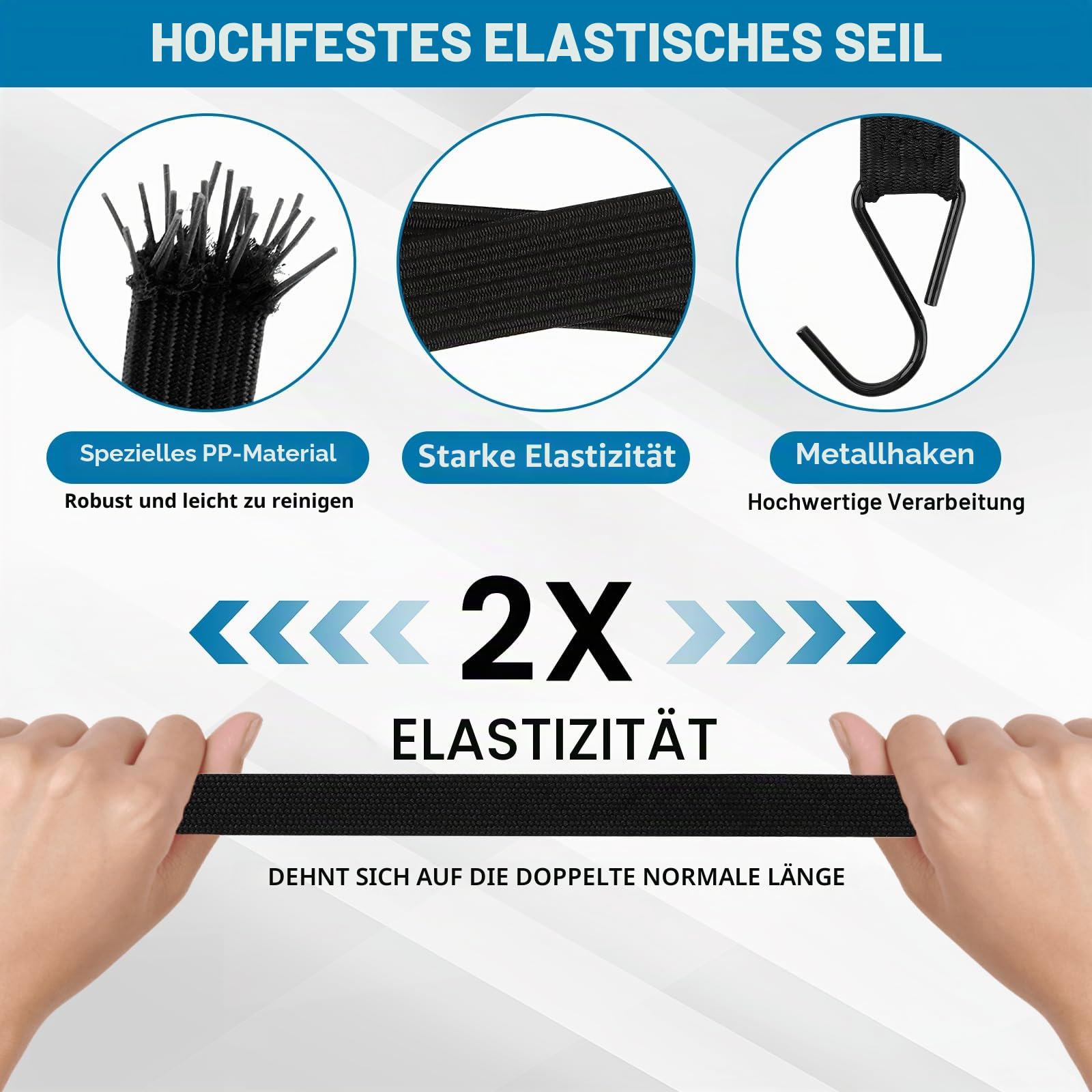 Hochelastisches Gepäcknetz, 1,5 x 1,8 m dehnbar bis 2,5 m x 2,9 m (Einlagig), LKW-Frachtnetz, Netz-Organizer, mit 8 x Stahlkarabiner + 4 x Haltegurt, Gepäckfixierung für LKW Auto Wohnmobil