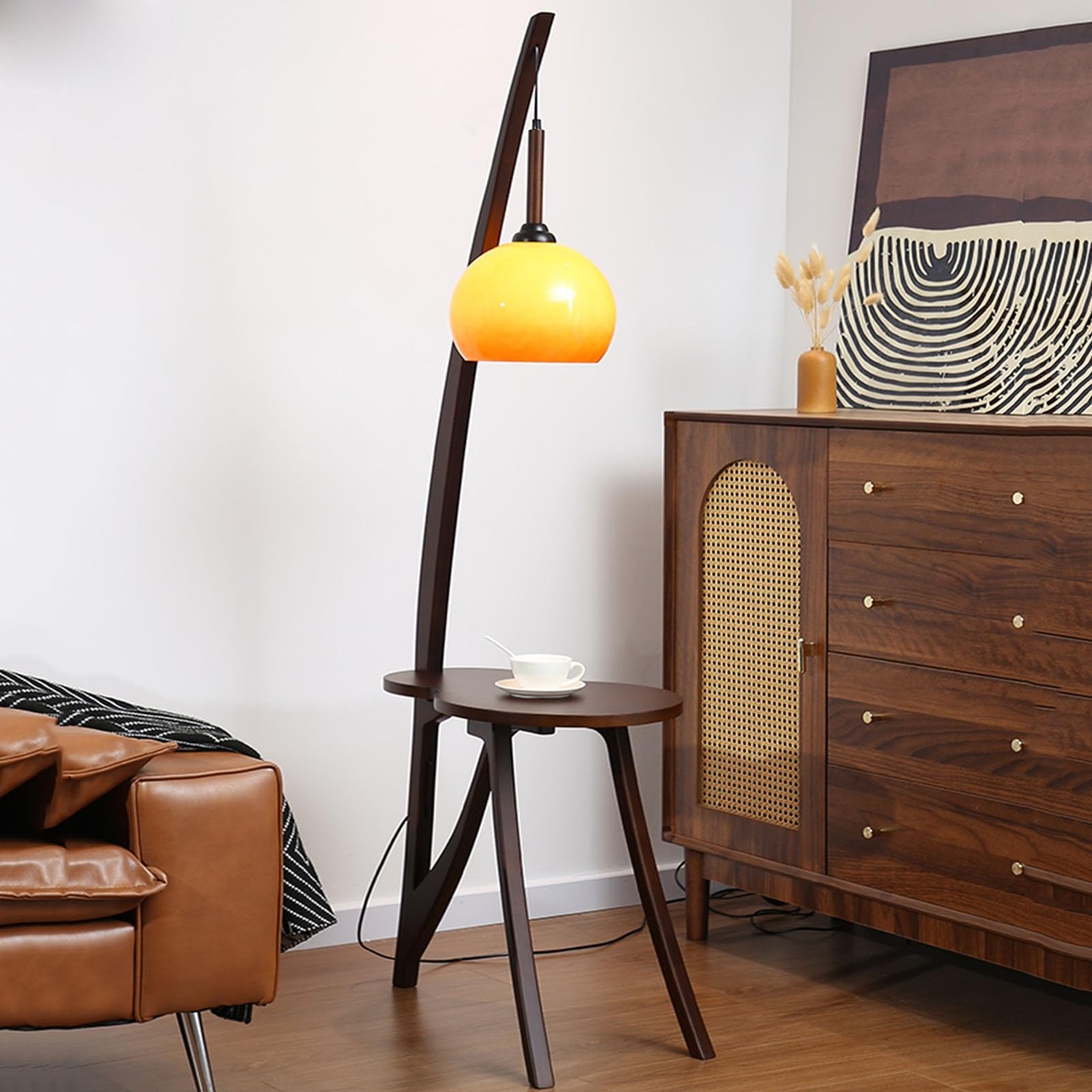Moderna Lampada da terra moderna con tavolino, lampada da tavolino in legno massello, lampada da lettura su scaffale alto rustico for camera da letto, soggiorno, ufficio Lampada alta