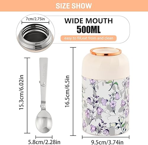 Miniatura 3 de Purple Yellow Bluebells Kids Womens Lunch Insulated Jar with Spoon 17oz500ml Hot Food Storage Stainless Steel Vacuum Leak Proof Insulated Jar for
