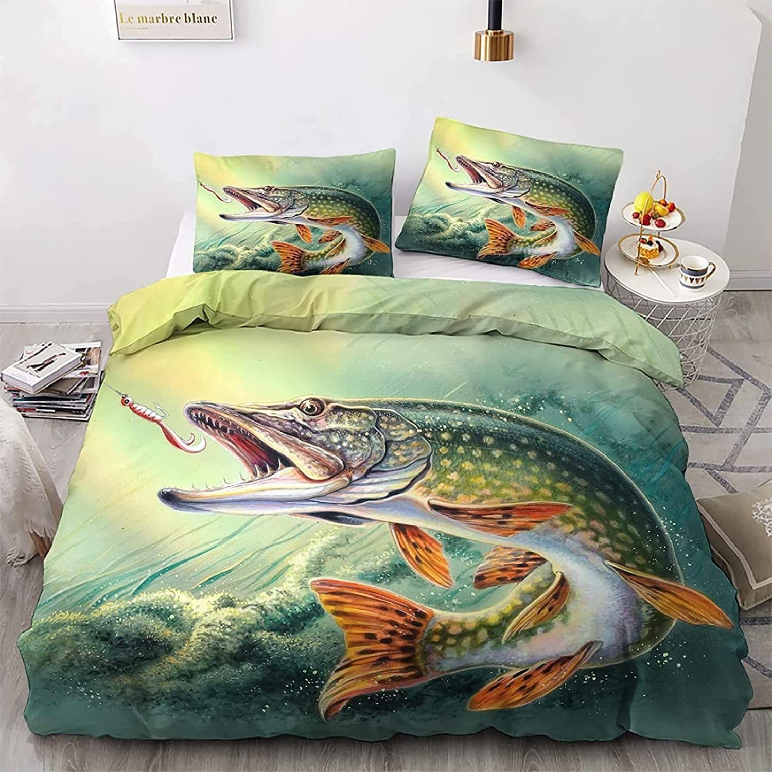 LMMSMGS Double Duvet Set Fishing Double Bed Duvet Cover Set for Kids Aldult with Zipper Closure Hypoallergenic Microfiber Quilt Cover 78.7"x 78.7" + 2 Pillowcases 19.7"x 29.5"