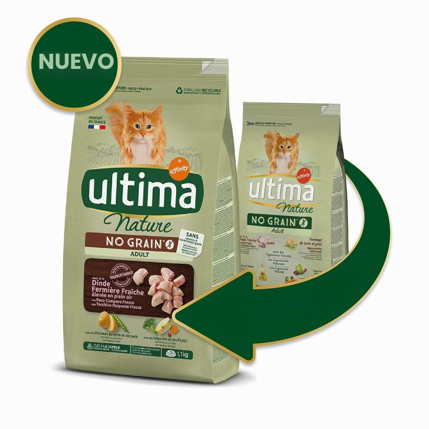 Ultima Nature No Grain Pienso para Gatos sin Cereales con Pavo, 1.1 kg (Paquete de 8)