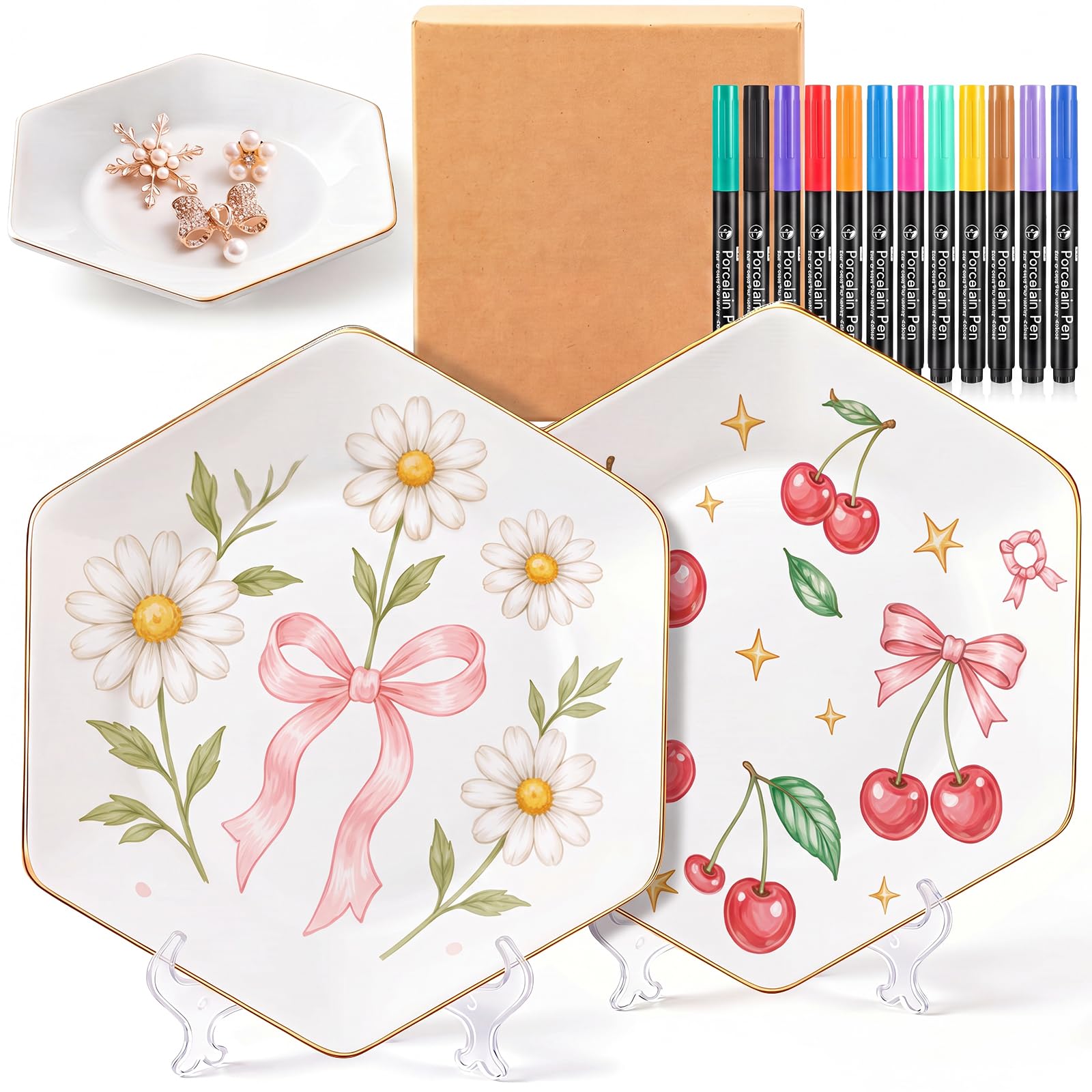 Sinmoe Set di Pittura Ceramica DIY 2 Piatti in Ceramica Vassoio da Portata Bianco 12 Penne in Porcellana per Lavastoviglie 2 Espositori e 1 Scatola Regalo per Pasqua Coppie Amici Famiglie (Esagonale)